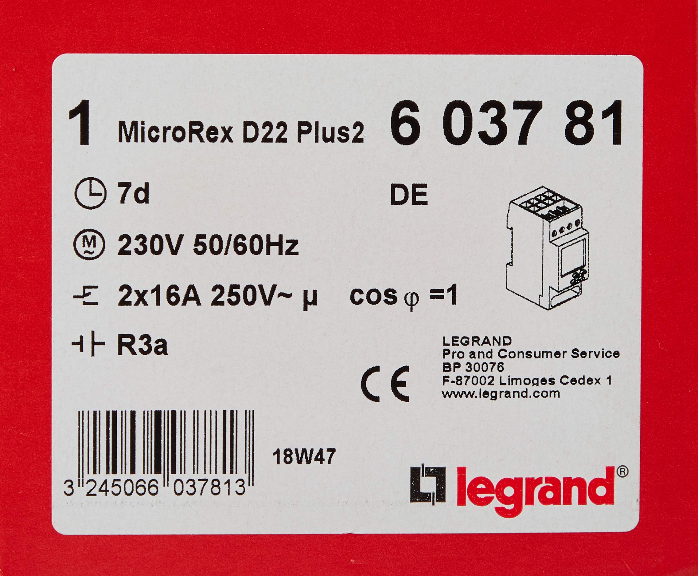 Legrand 603781 con temporizador semanal digital MICROREX D22, 2 canales, de 2 modulig para carril DIN con 230 V y 4000 W