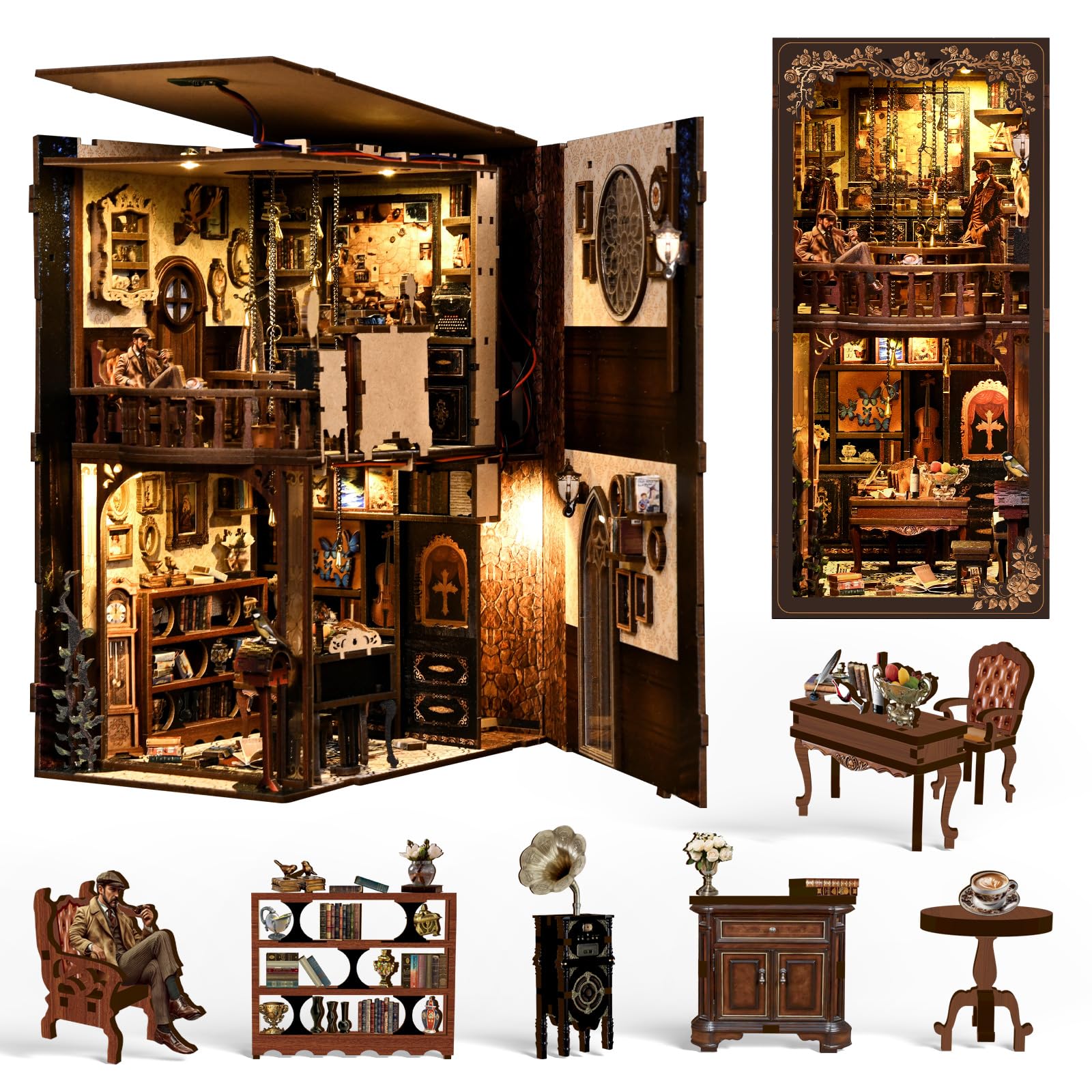 Chinoket Book Nook Kit-Dark Box Mystery Case Model in the Detective Series,DIY Miniature house 3D Wooden Puzzle with LED Lights,Bookshelf Decor Craft Kit for Adults and Teens,Perfect Home Decor&Gifts