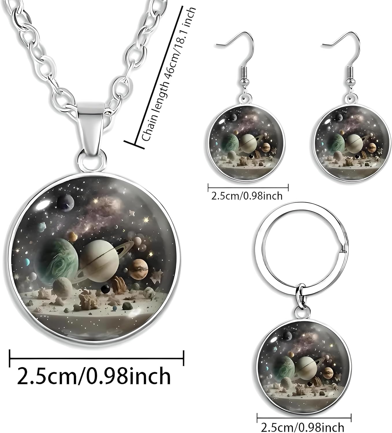 SUPAC Galaxy Space Jewelry Set, Solar System Pendant Necklace with Earrings and Keychain - Solar System Jewelry Gift