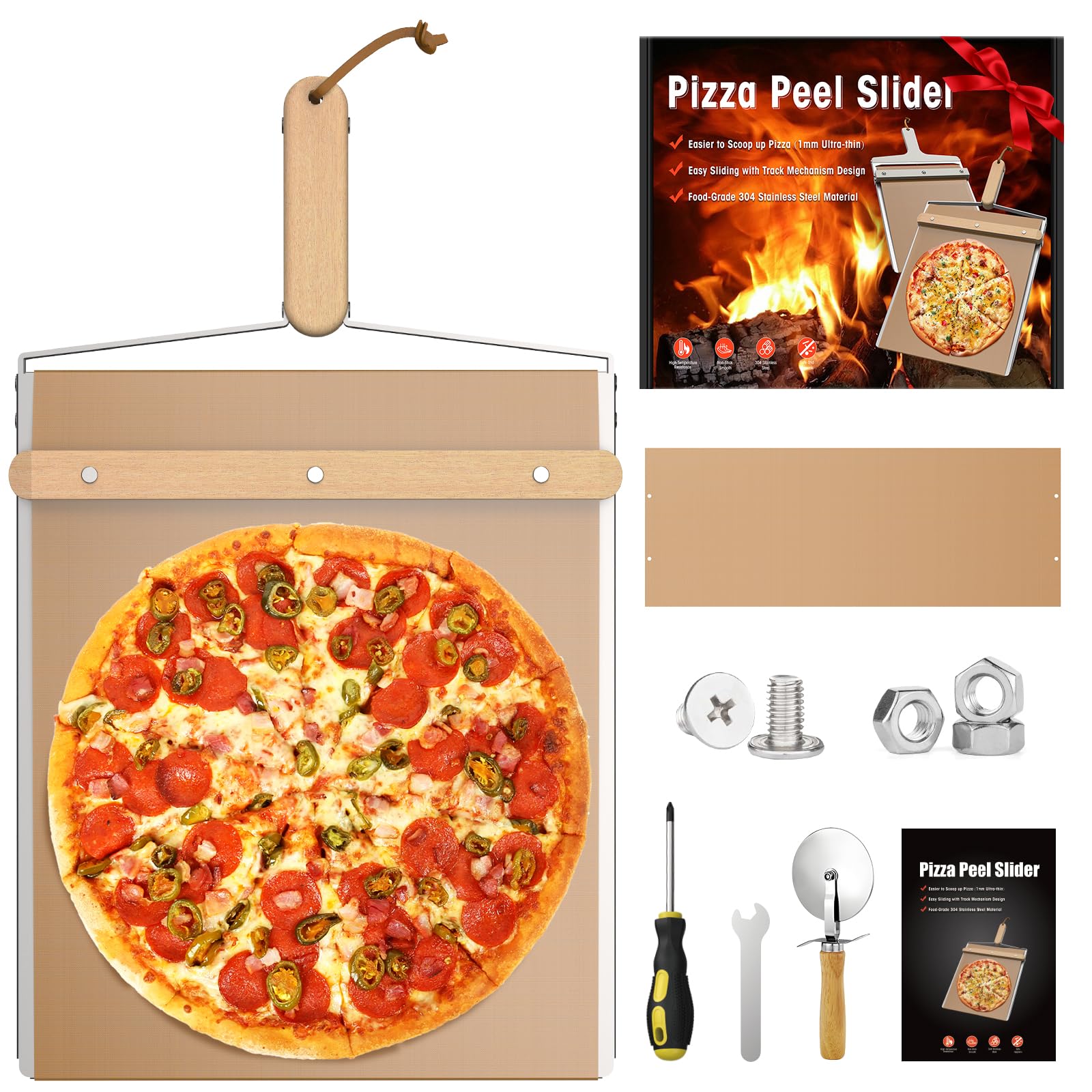 Rutschender Pizzaschieber aus Edelstahl und Holz, Antihaftbeschichteter Pizza Slider mit Massivholzgriff, 14,37" x 11,22" Pizzaschaufel, Pizzaschieber Set mit Zusätzlichen Schrauben und Ersatz-Teflon-