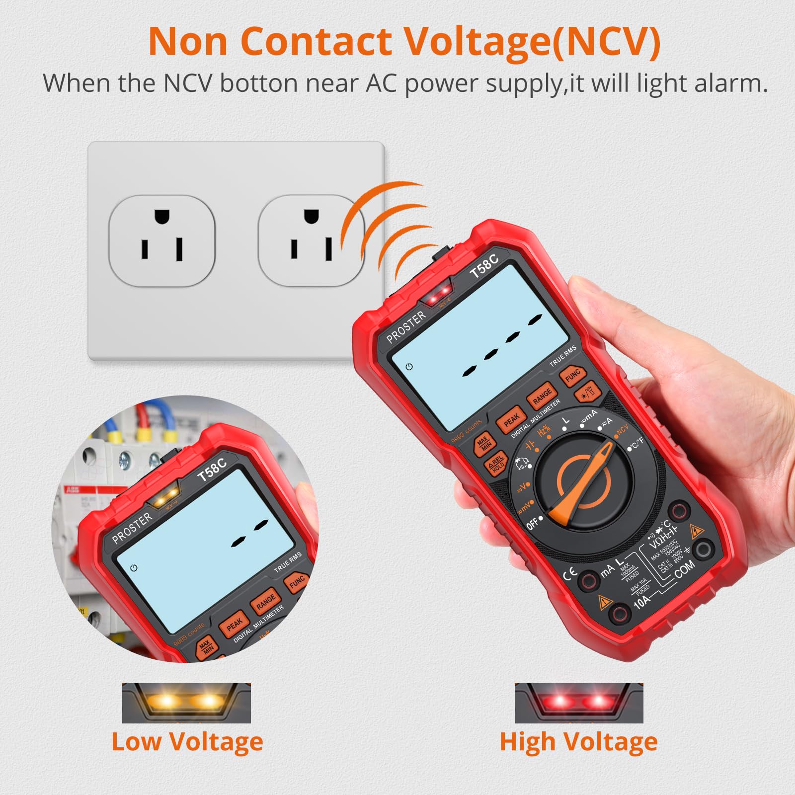 Proster Multímetro Digital Profesional TRMS 9999 Cuentas, Polimetro Digital de Rango Automático para Corriente/Voltaje de CA y CC NCV Inductancia Picos Temperatura Capacitancia con Luz de Fondo