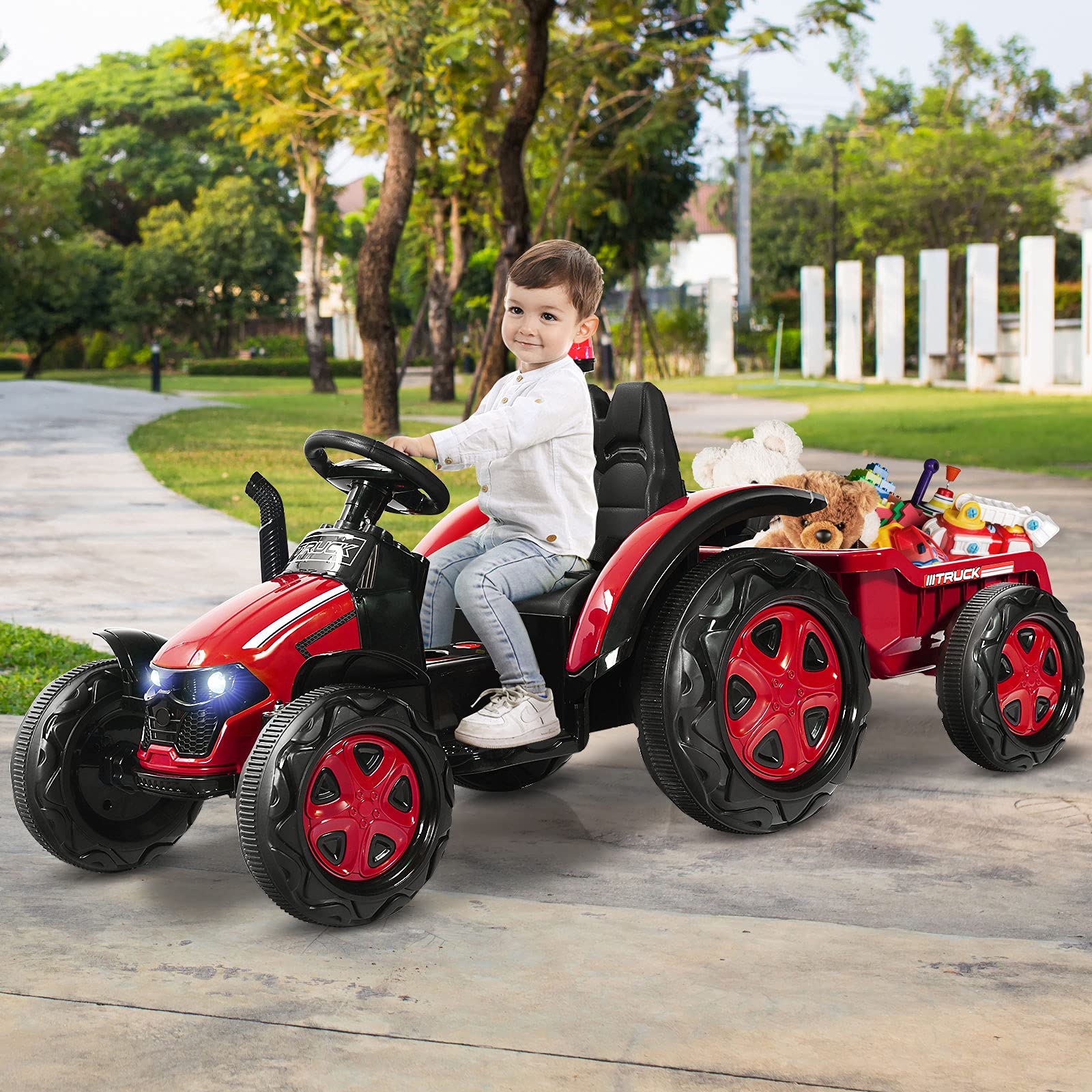 COSTWAY Tractor Eléctrico 12V 7AH para Niños con Remolque, Juguete 3-8 años, Mando 2,4G, Arnés Seguridad 2 Puntos, Faros, Música, USB (Rojo)