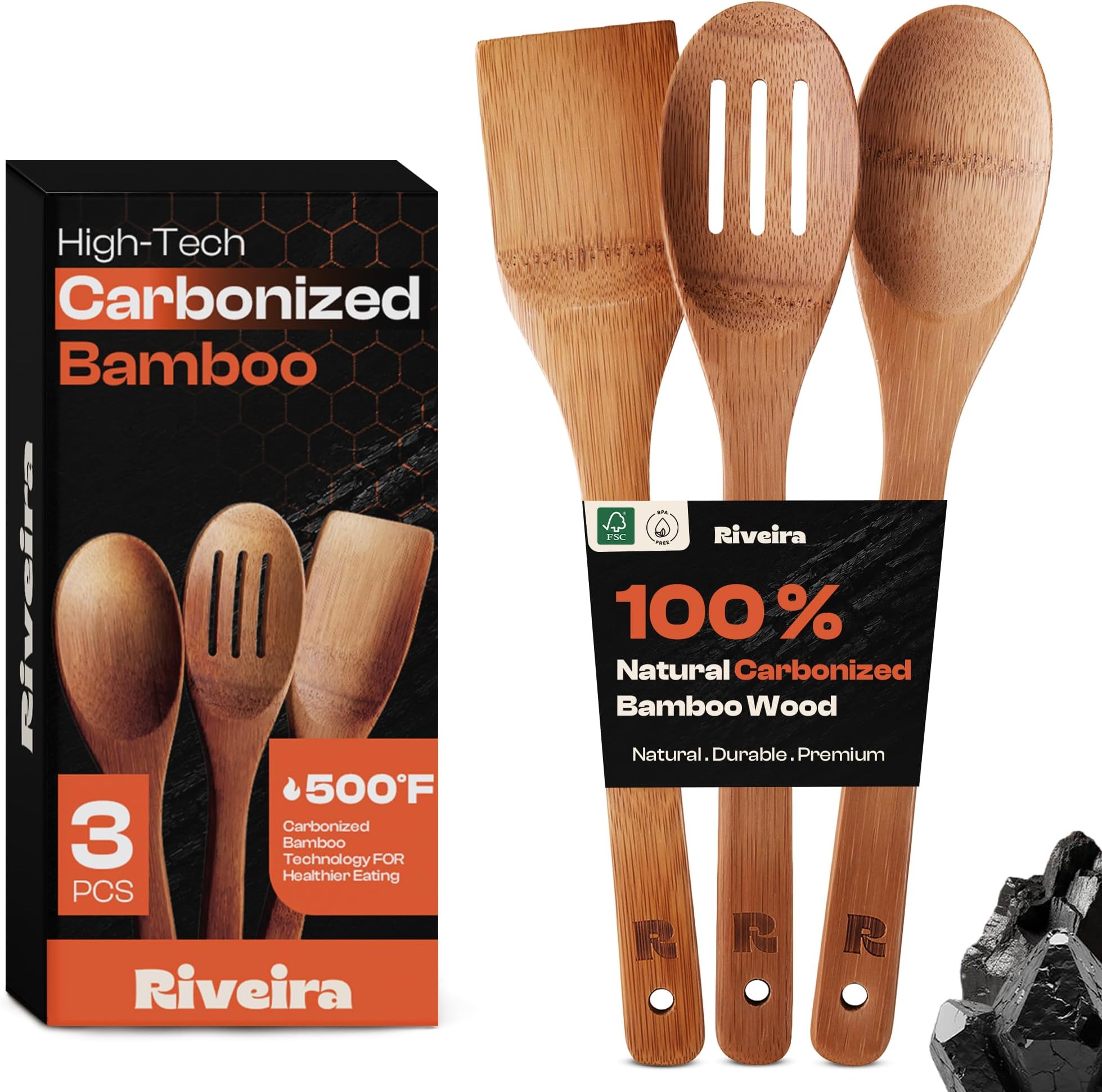 Riveira Dark Bamboo Wooden Spoons Cooking 3 Piece Apartment Essentials Wooden Spatula Spoon Non Stick Kitchen Utensil Set Premium Quality Housewarming Gift for the