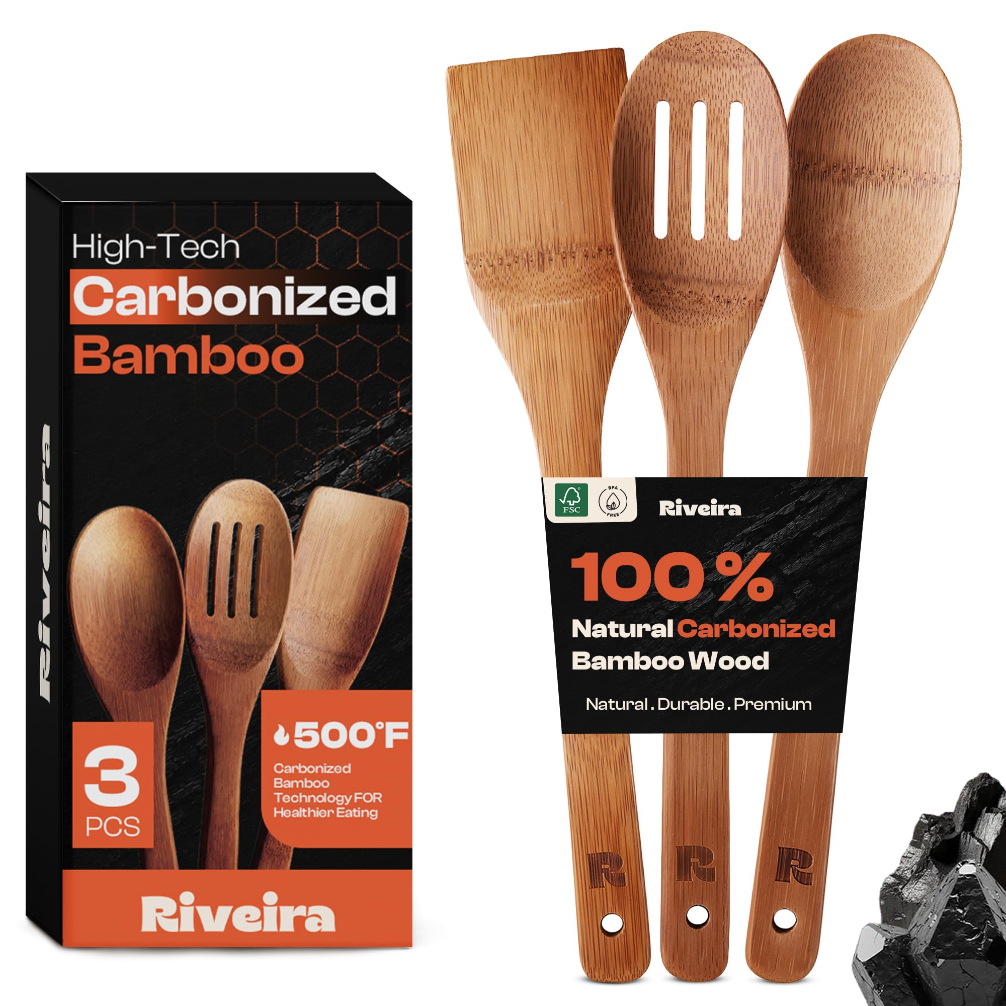 Riveira Dark Bamboo Wooden Spoons for Cooking 3-Piece, Apartment Essentials Wood Spatula Spoon Nonstick Kitchen Utensil Set Premium Quality Housewarming Gifts for Everyday Use