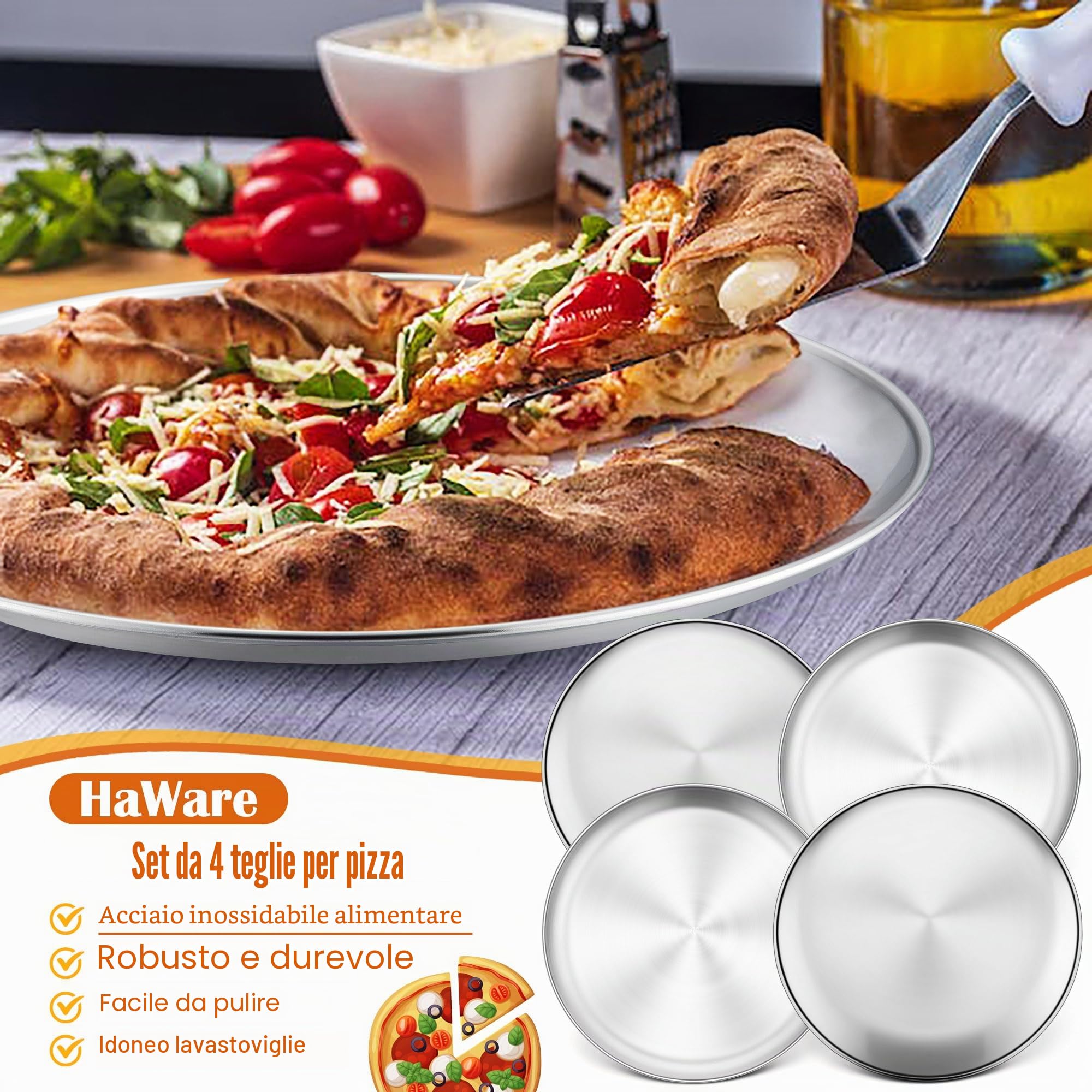 HaWare Set di 4 teglie per pizza rotonde in acciaio inox, 30 cm, per cuocere in forno, sane e durevoli, facili da pulire e lavabili in lavastoviglie
