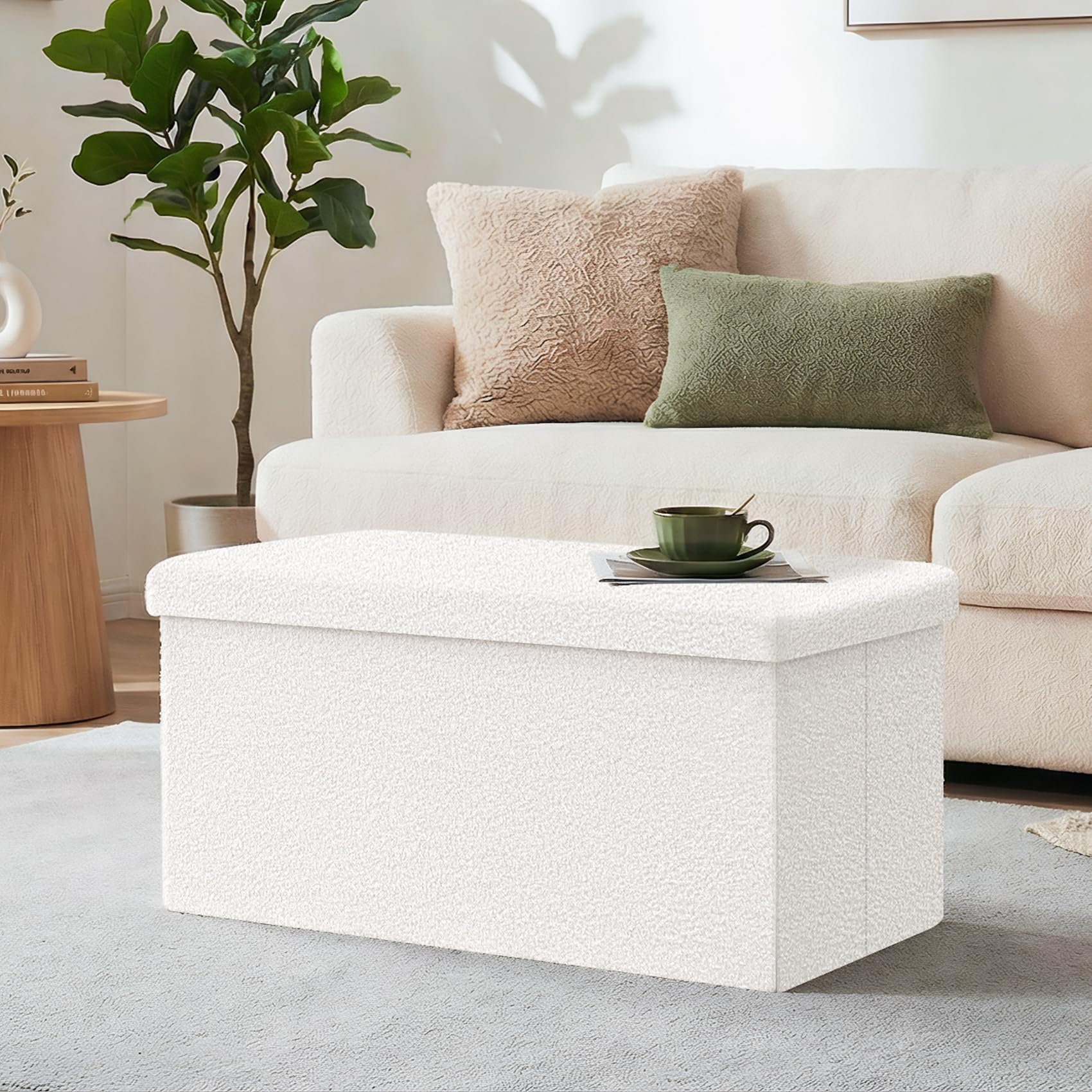PINPLUS Panca Contenitore Pieghevole in Tessuto Peluche, Puff con Ampio Vano, Poggiapiedi Comodo per Camera, Salotto e Ingresso, 76.5x38x38 cm, Bianco