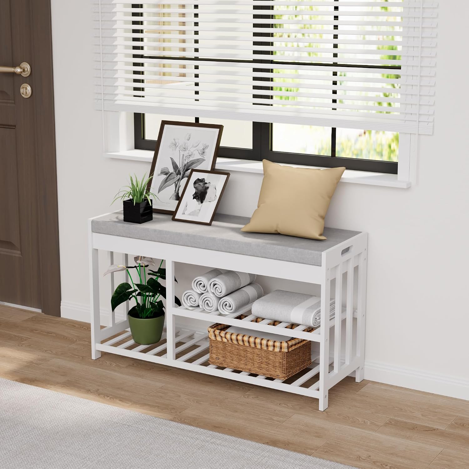 APRTAT 3-Tier Bamboo Shoe Rack Bench, Shoe Storage Organizer Bench, Entryway Benchs, Shoes Rack for Front Door Entrance, Entryway Bathroom Bedroom (White, Large)