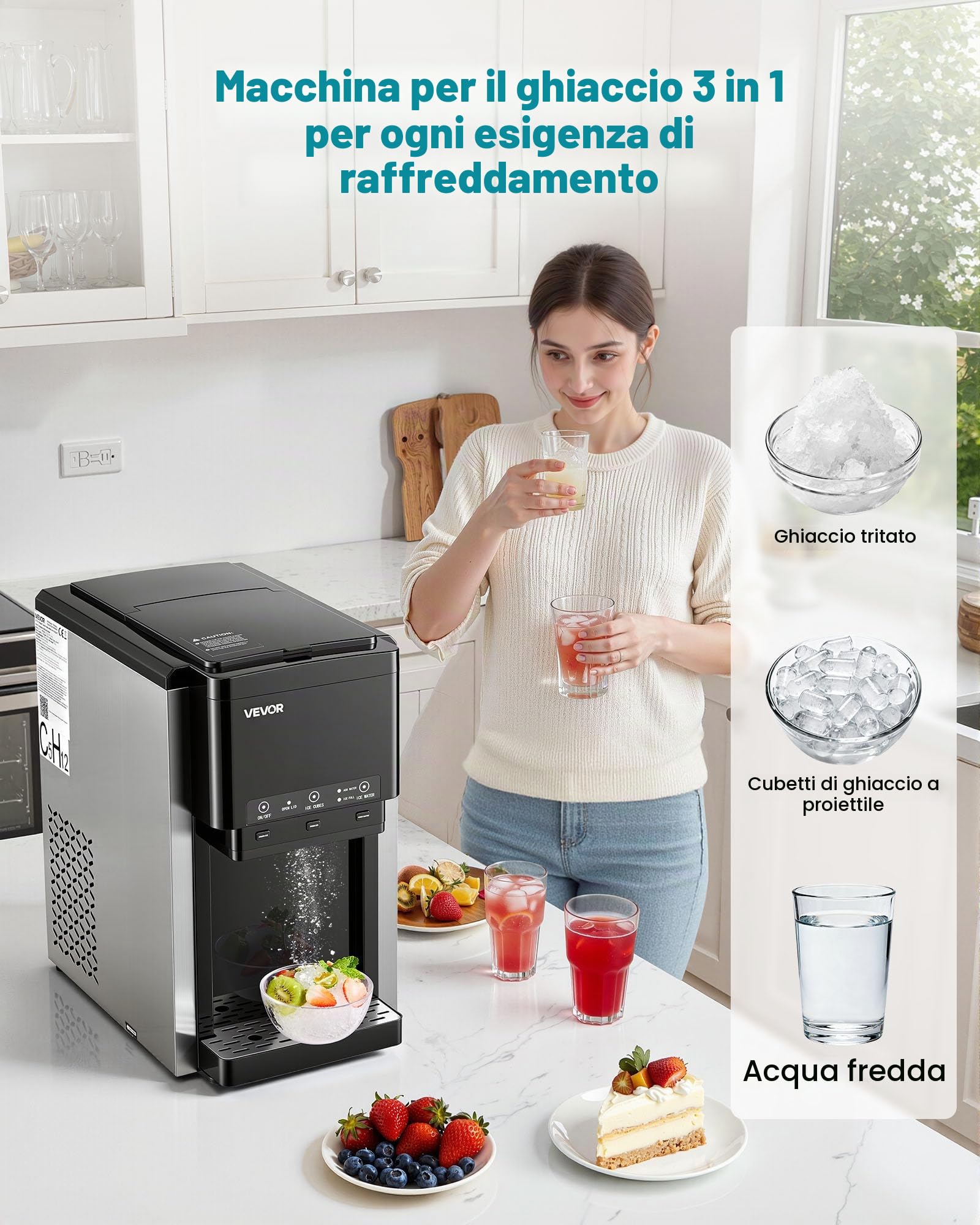 VEVOR Macchina Ghiaccio da Tavolo Multifunzione, Distributore d'Acqua da Tavolo, Produzione Rapida con Contenitore di Stoccaggio, Ghiaccio Sferico o Tritato e Acqua Fredda, per Feste in Cucina