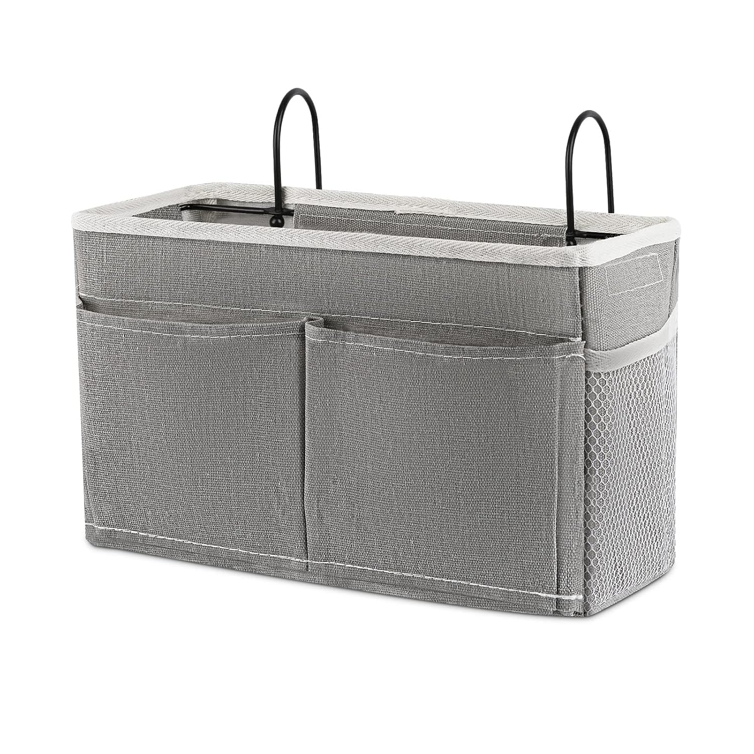 Hanging Bedside Caddy Organizer with Multi-Pocket Linen Storage, Metal Hook Hanging Bag for Bed Frame, Books, Mobile Phone, Remote, Glasses & Daily Essentials, Grey Bedside Storage Pocket-image-35