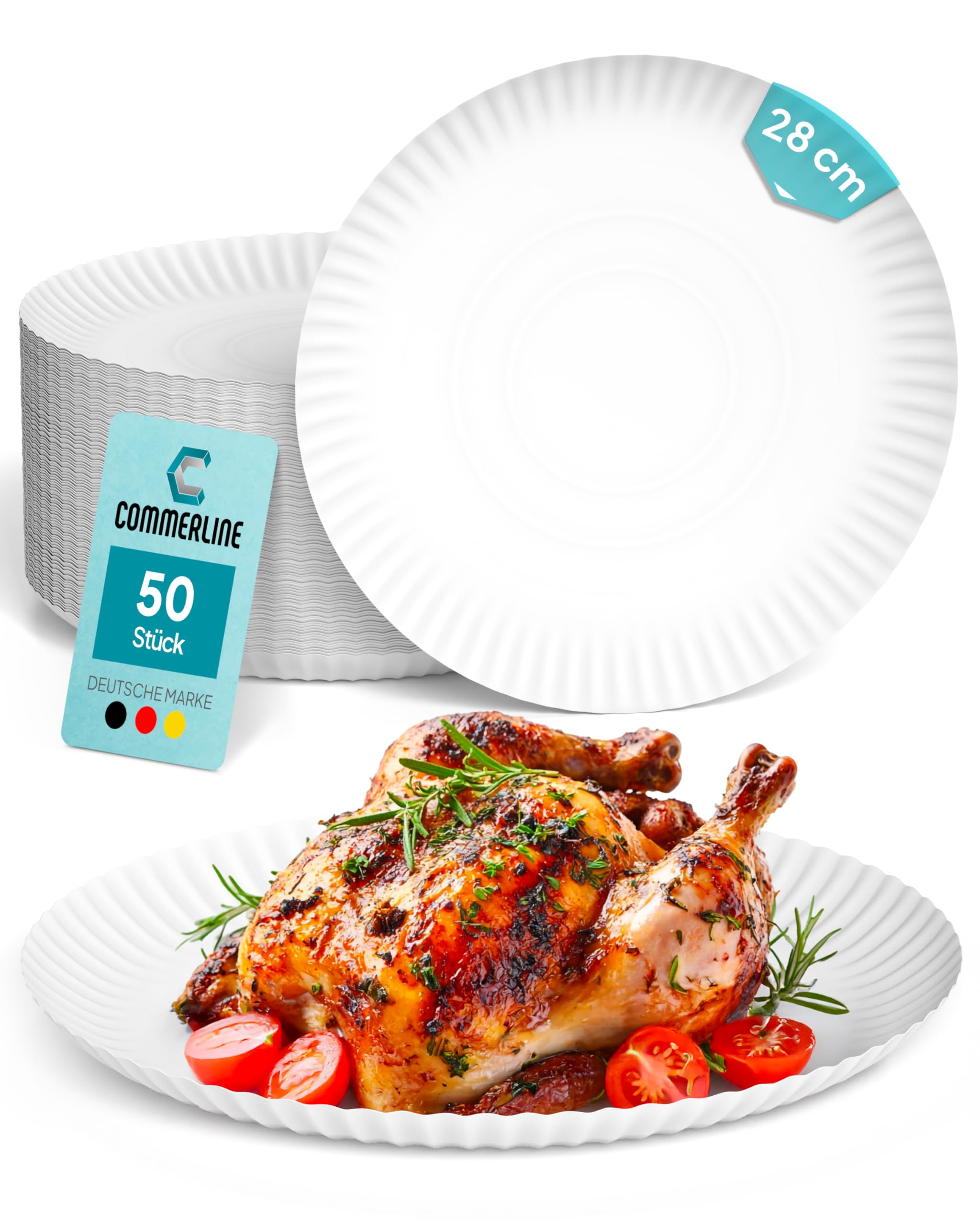 Commerline 200 Stück Rund Pappteller Ø30 cm | Hochwertige Einwegteller für Kuchen, Partys & Snacks | Einweggeschirr & Einmalgeschirr | Pappteller für Essen, Geburtstage & Catering
