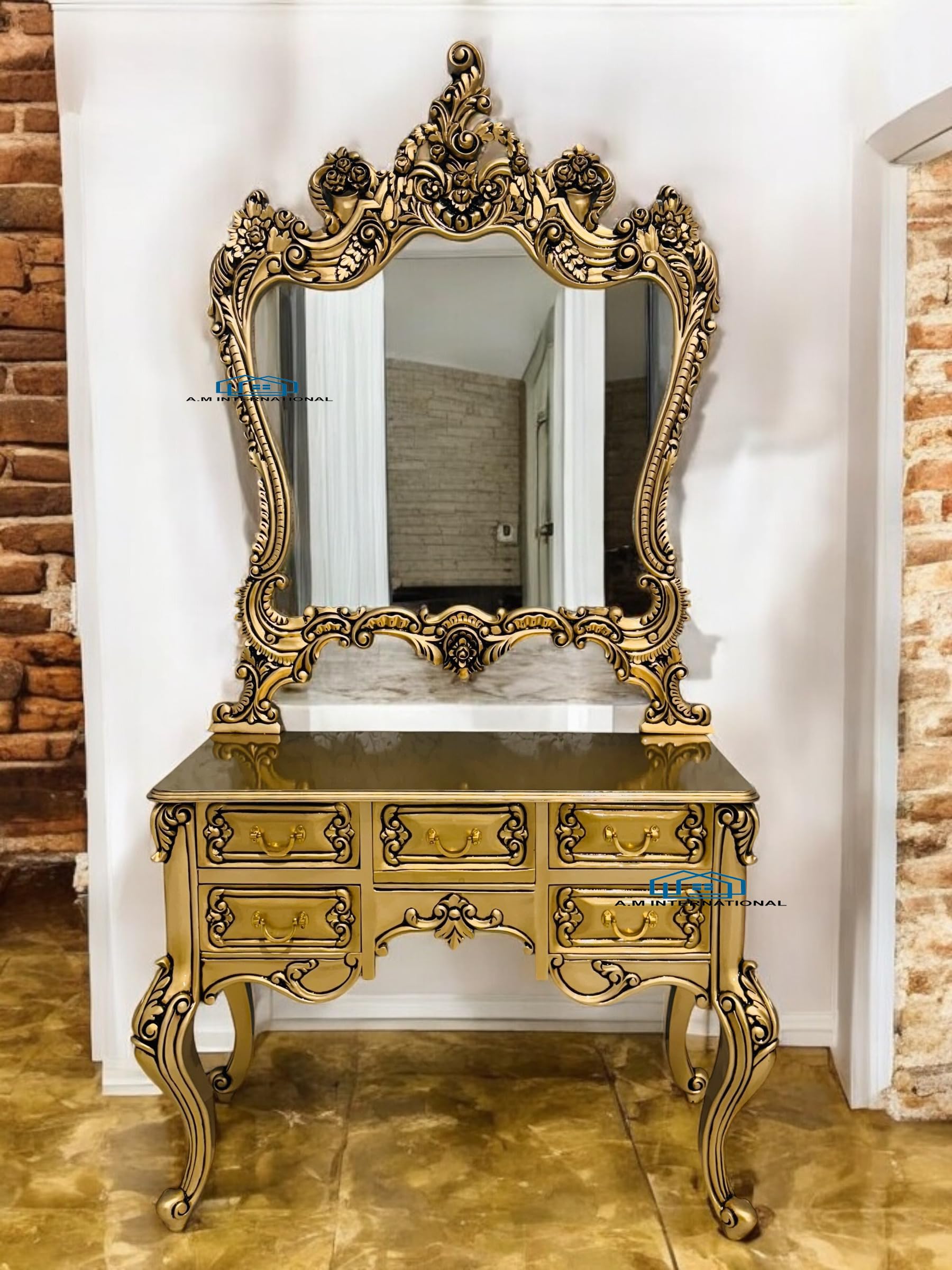 A.M INTERNATIONAL Wooden Carved Dressing Table with Mirror Frame in Solid Teak Wood with antiue Deco Finish for Home, Bedroom, livingroom, Hall, Parlour Without Mirror-image-31