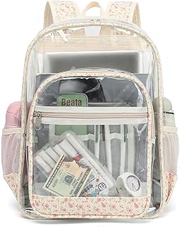 Esfoxes Corduroy Clear Backpack for Girls Women, Heavy Duty Transparent School Backpack PVC See Through College Bookbag (Floral Pink)