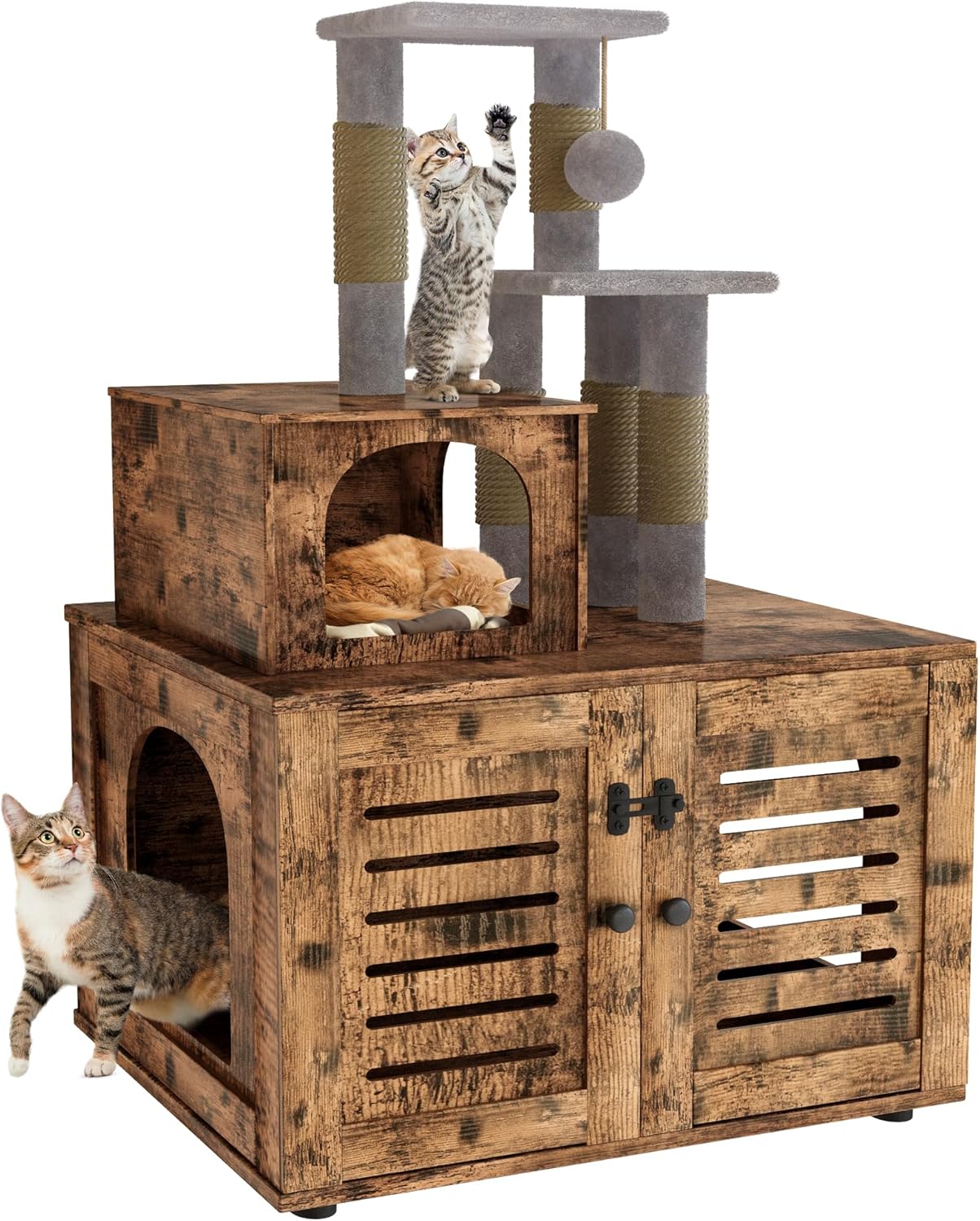 DKLGG Cat Tree with Litter Box Enclosure, Modern Cat Condo, Indoor Cat Tower with Litter Box Enclosure Wood House w/Sisal Scratching Post, Plush Perch Platform & Divided Condo (Rustic Brown)