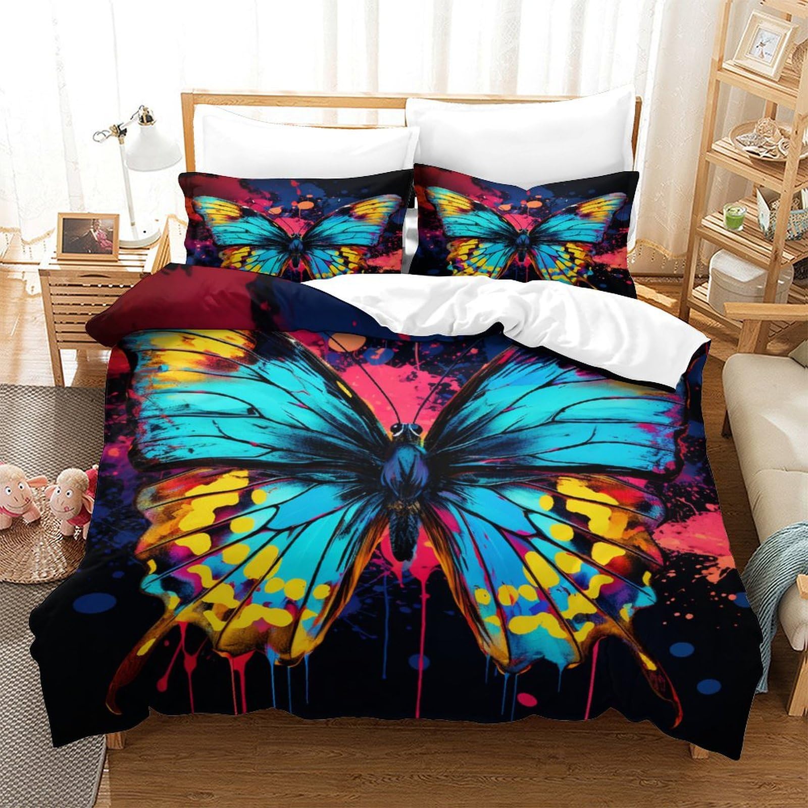 Housse de couette hypoallergénique et lisse motif papillon 3D parure de lit 1 place