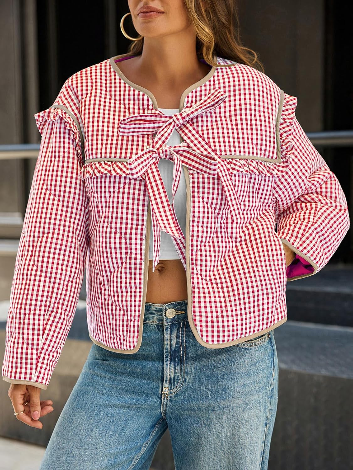 Tankaneo Womens Plaid Quilted Jackets Tie Front Lightweight Cropped Jacket Ruffled Puffer Padded Coat with Pockets - Image 4