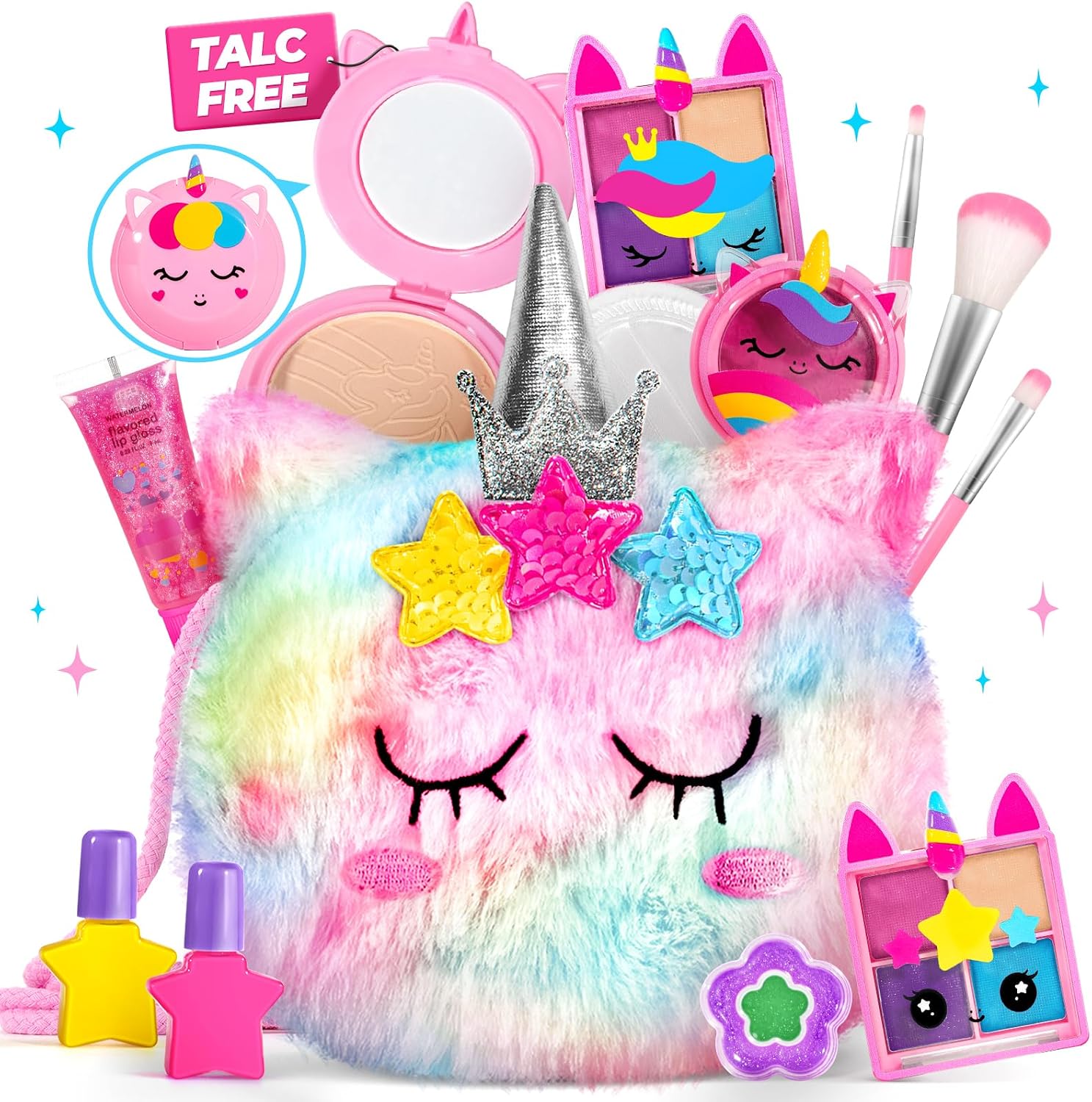 Talc-Free Real Kids Makeup Kit for Girls with Fluffy Unicorn Purse - Mica-Based, Washable, Non-Toxic Makeup Sets for 3 4 5 6 7 8 Year Old Girls Birthday Gifts ,Princess Dress Up & Role-Play