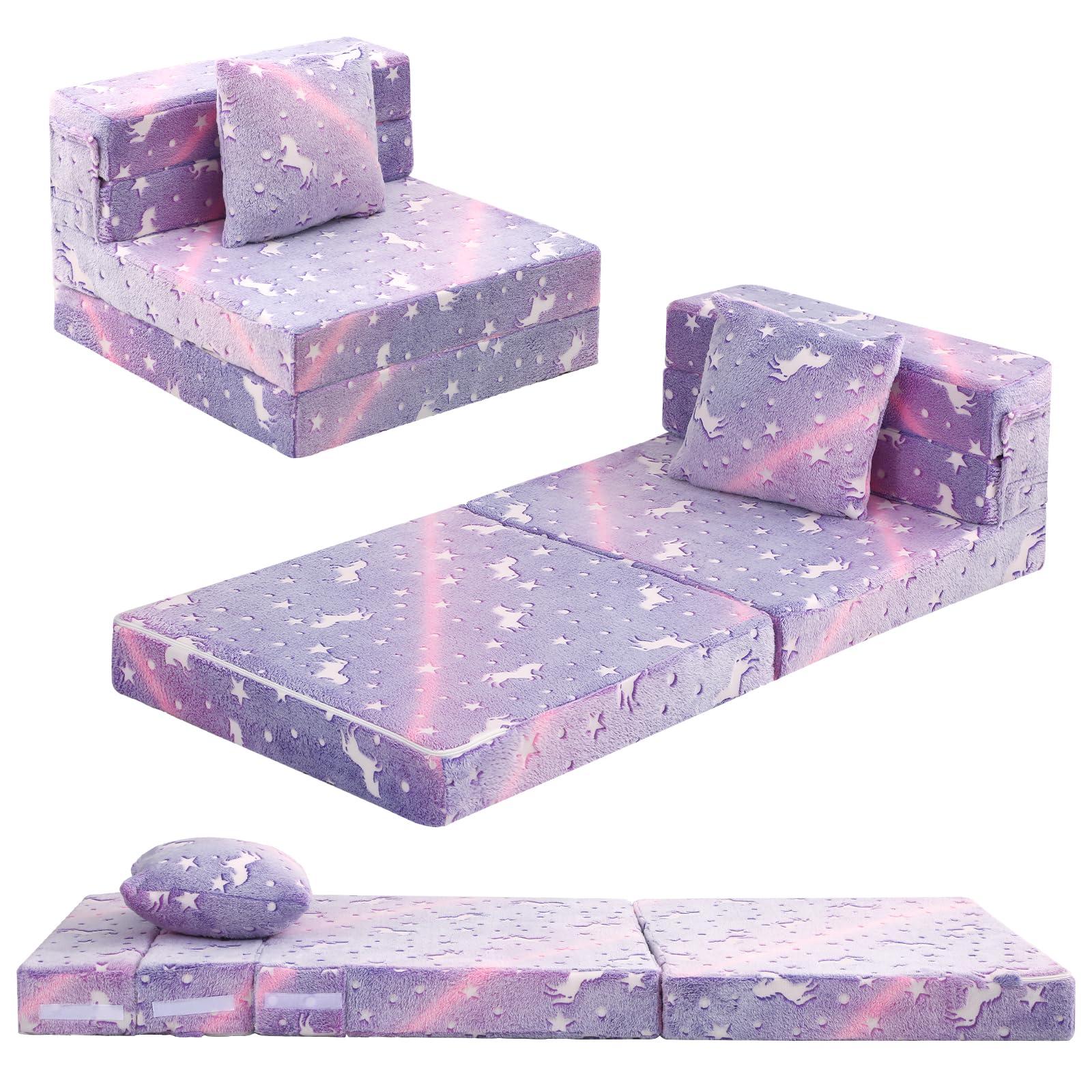 MeMoreCool Kids Sofa Bed, Toddler Folding Futon Chair Glow in The Dark