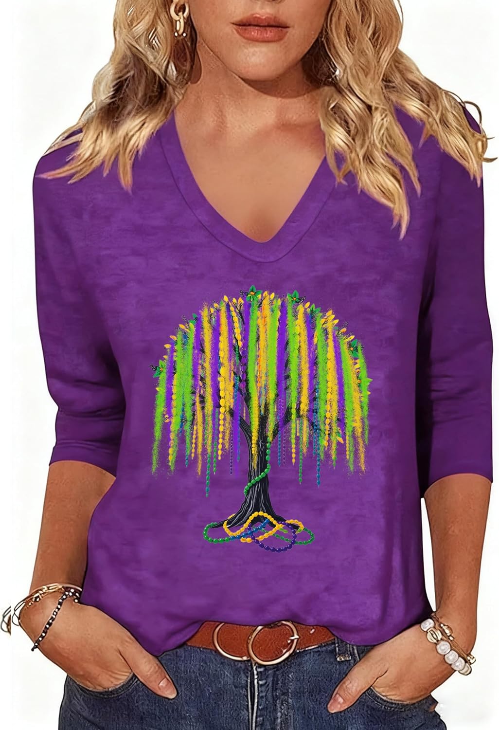 Women Funny Carnival Outfit 3/4 Sleeve Tshirts New Orleans Party V Neck Tee Tops Festival Costumes