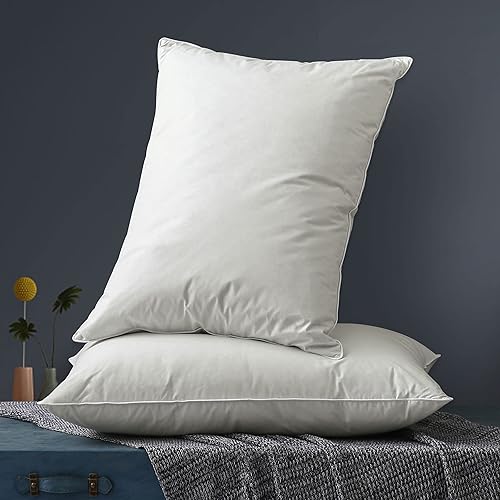 LUZERN GOOSE Down Feather Bed Pillow Queen Size 2 Pack,Plush Soft Pillow Insert for Back Side Stomach Sleepers,Pillows with 100% Cotton Cover 20"X28"