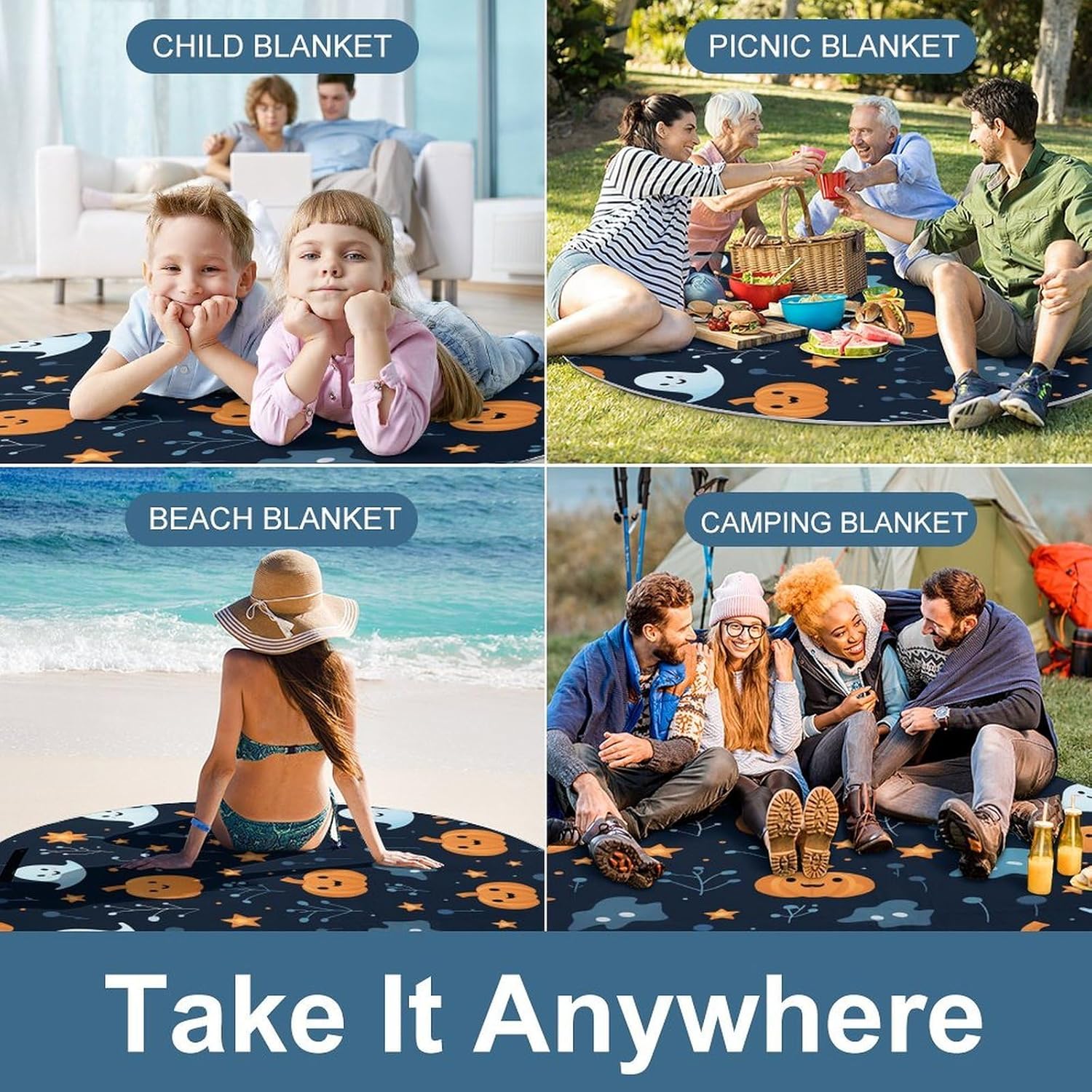 Ghosts and Pumpkins Picnic Mat Lightweight Waterproof Picnic Blankets Extra Large Picnic Outdoor Blankets Foldable Sandproof Beach Blanket for Park Beach Camping Courtyard 58.3''x58.3''