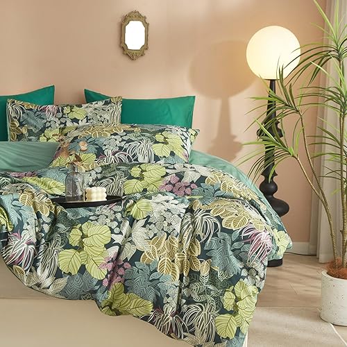 Miniatura 21 de mixinni Juego de funda de edredón con patrón de flores y pájaros de estilo jardín, diseño reversible azul pavo real, 3 piezas, juego de ropa de cama