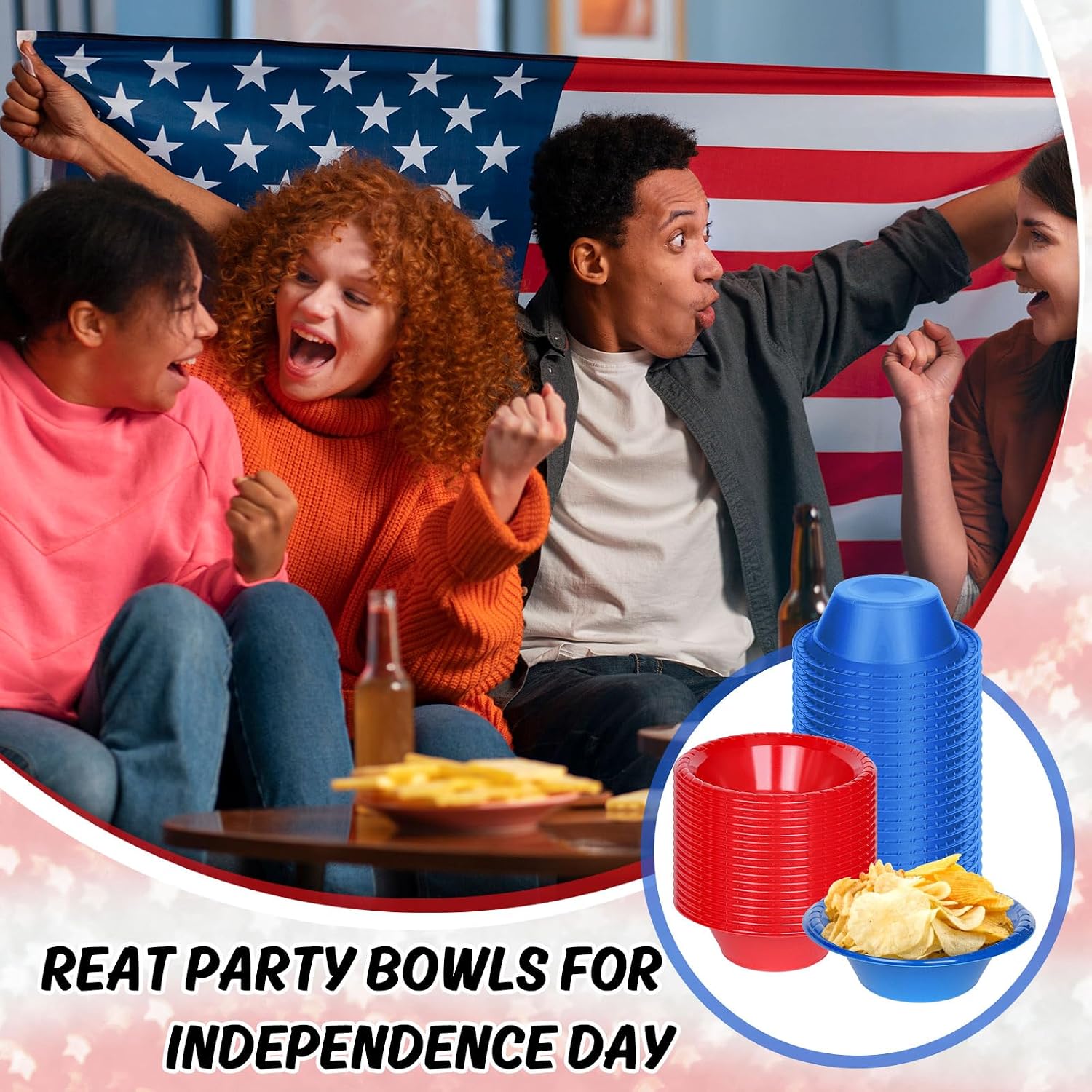 FYSUIMU 100Pcs 12Oz Patriotic Disposable Plastic Bowls 4th of July Red Blue Candy Dessert Bowl Salad Snack Bowls for Independence Day Memorial Day Party Supplies