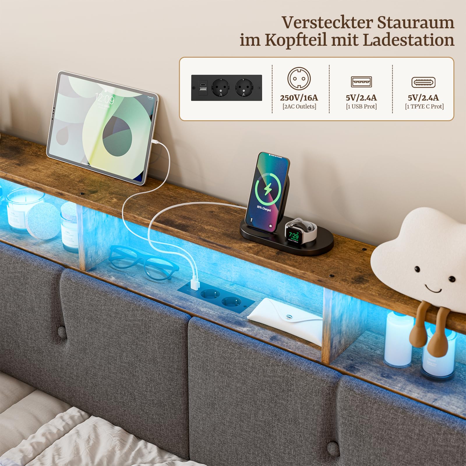 IKIFLY Multifunktionales Jugendbett 90x200 mit verstecktem Kopfteil-Stauraum, LED-Beleuchtung und Ladestation, Schlafsofa Tagesbett mit Lattenrost aus Metall und 4 Schubladen, Fußbank (Dunkelgrau)