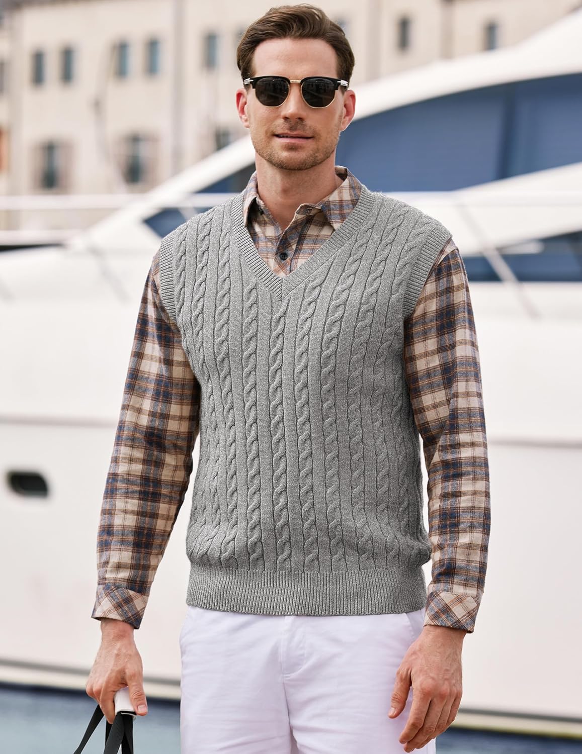 JMIERR Men's Sweater Vests Causal Sleeveless Cable Striped Knit V Neck Pullover - Image 2