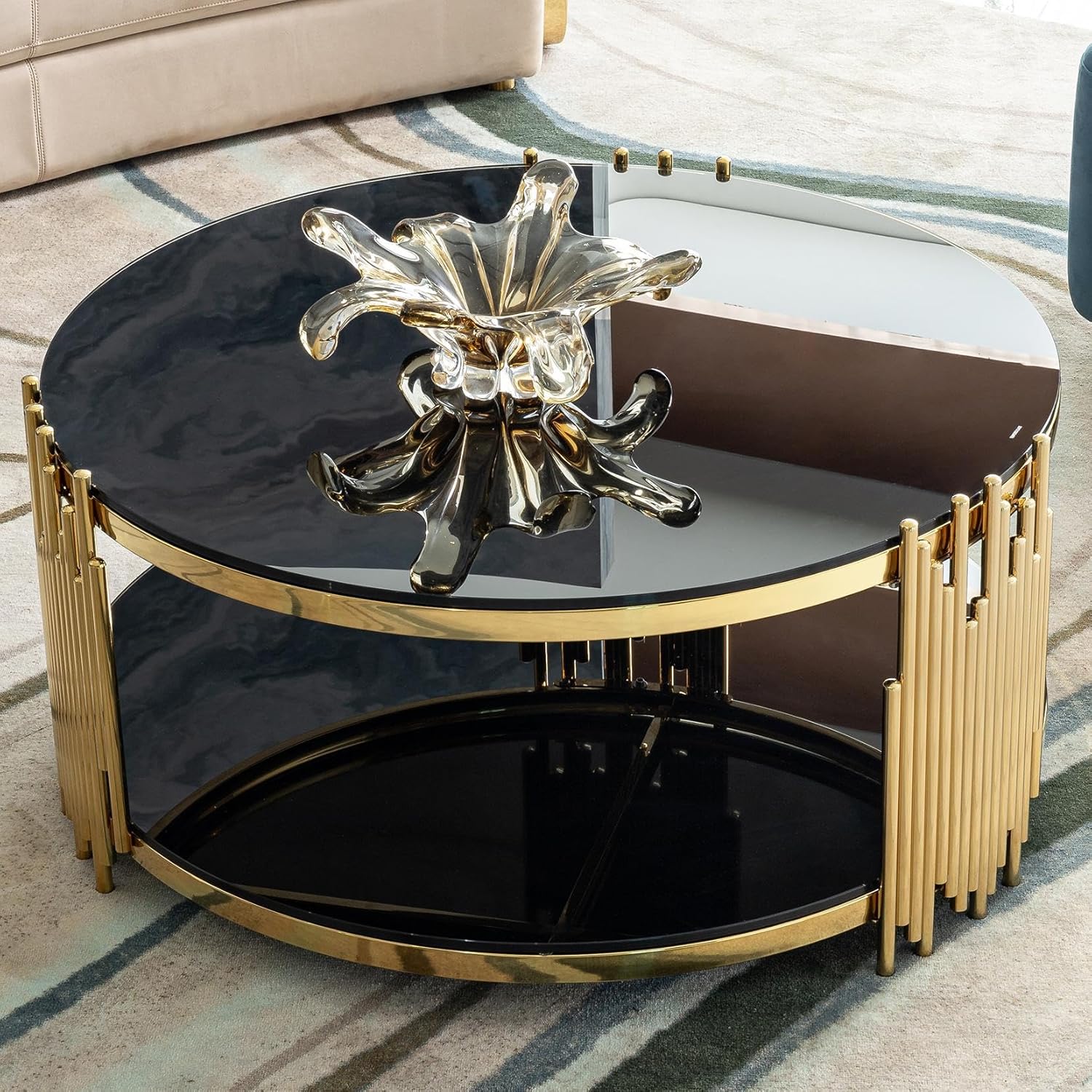Luxury Round Coffee Table for Living Room,Gold Frame & Black Tempered Glass Top, 2-Tier Black Glass Shelves, 31.5'' Modern Stainless Steel Accent Table