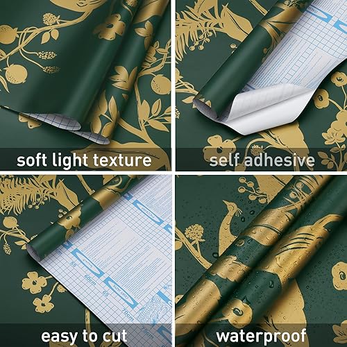 Miniatura 7 de Papel tapiz floral de 17.3 x 78.7 pulgadas, papel tapiz dorado y blanco, papel tapiz autoadhesivo de hojas y flores, papel tapiz de contacto floral