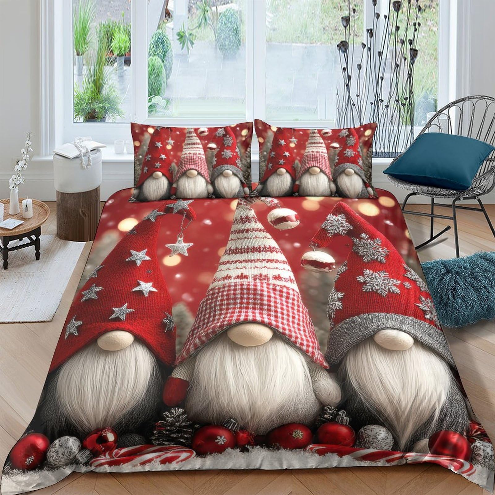 Ctjqhvkz Style-5 3D Printed Christmas Gnome Fitted Sheet Microfiber Red Festive Stars Bed Cover For Bedroom Guest Room Decor Single（135X200cm）