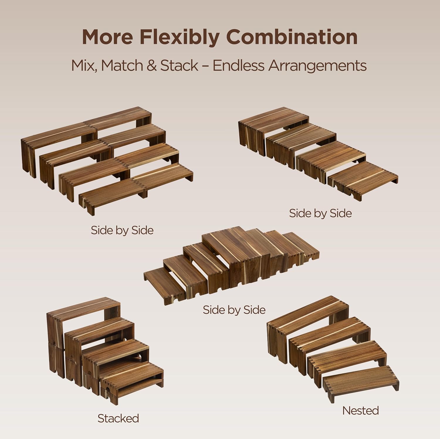 HBlife 2 Set Widened Acacia Wood Display Risers for Vendor Events, Stackable Modular Cupcake Stand Buffet Risers, Dessert Table Display Set, Tiered Display Shelves for Perfume/Figures/Collectibles