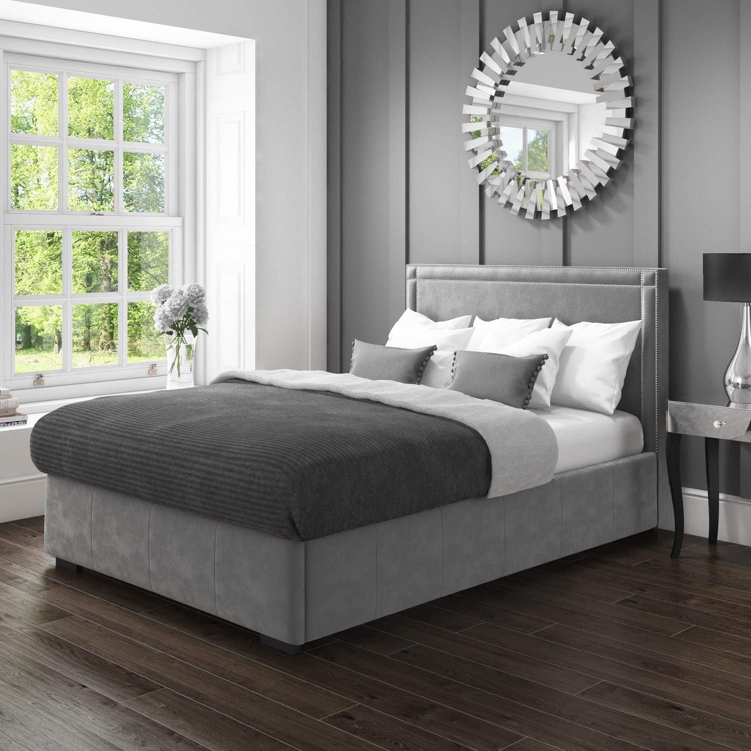 Safina King Size Ottoman Bed with Double Stud Detailing in Grey Velvet