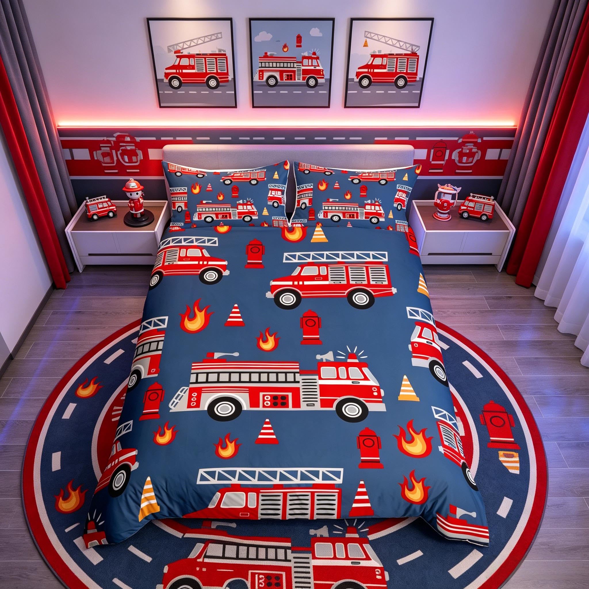richhome Cartoon Car Bedding Set Double Size Fire Truck Duvet Cover Set Kids Boy Girl Teen Room Fireman Comforter Cover Set Fireman Car Fire Truck Blue Red