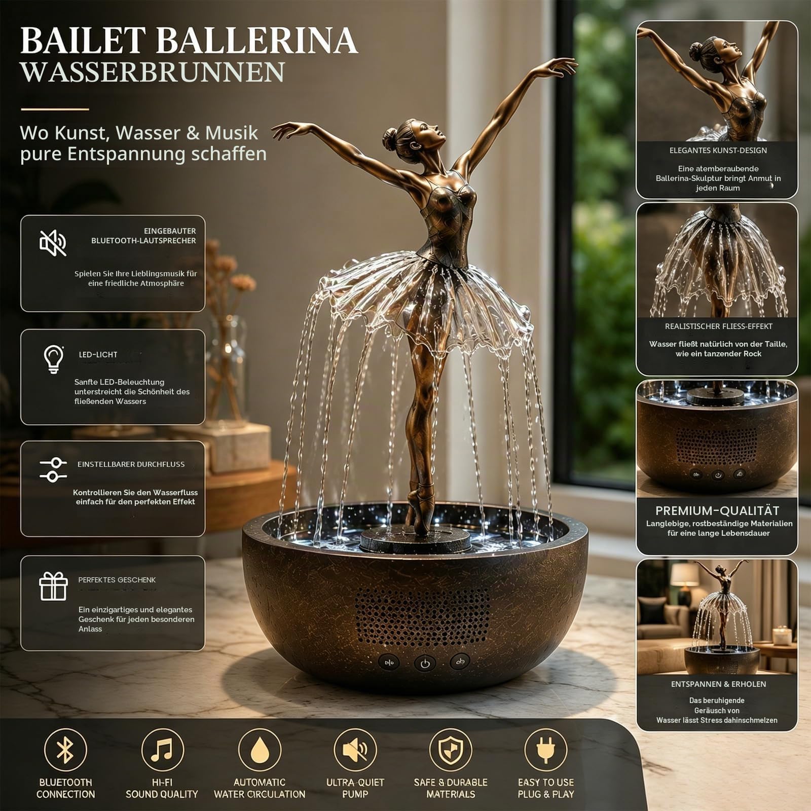 Ballerina Wasserfall Bluetooth-Lautsprecherbrunnen, Kunstvolle Ballerina-Skulptur Bluetooth-Lautsprecher mit fließendem Wasserrock, LED-Licht, entspannende Musik, Entspannungsdekor für Zuhause, Büro