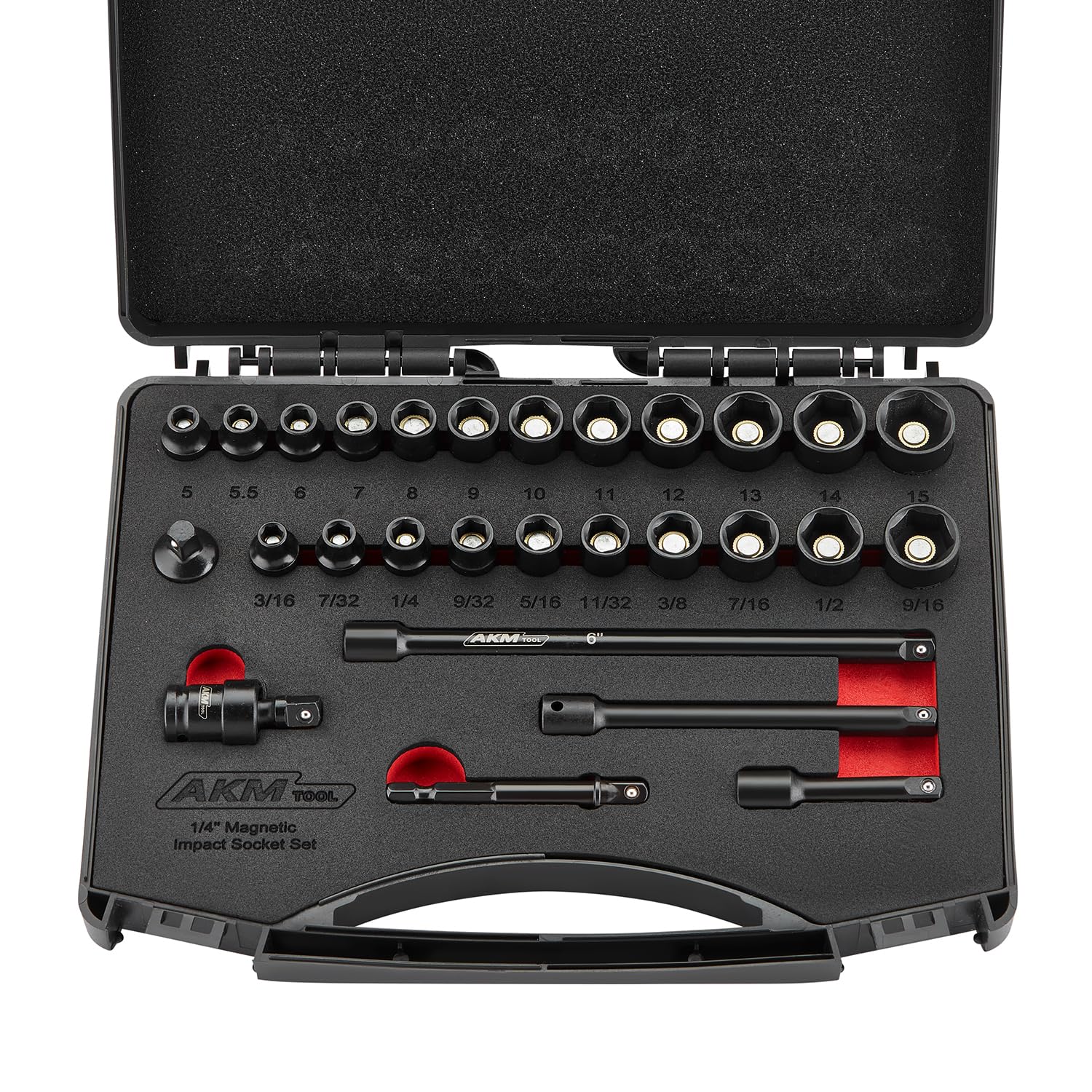 Set di chiavi a bussola magnetiche da 1/4", 28 pezzi, SAE/Metric, 1/4"-9/16", 5-15 mm, 6 punti, Cr-Mo, attacco quadrato, con adattatore per bussola, giunto universale ed estensione