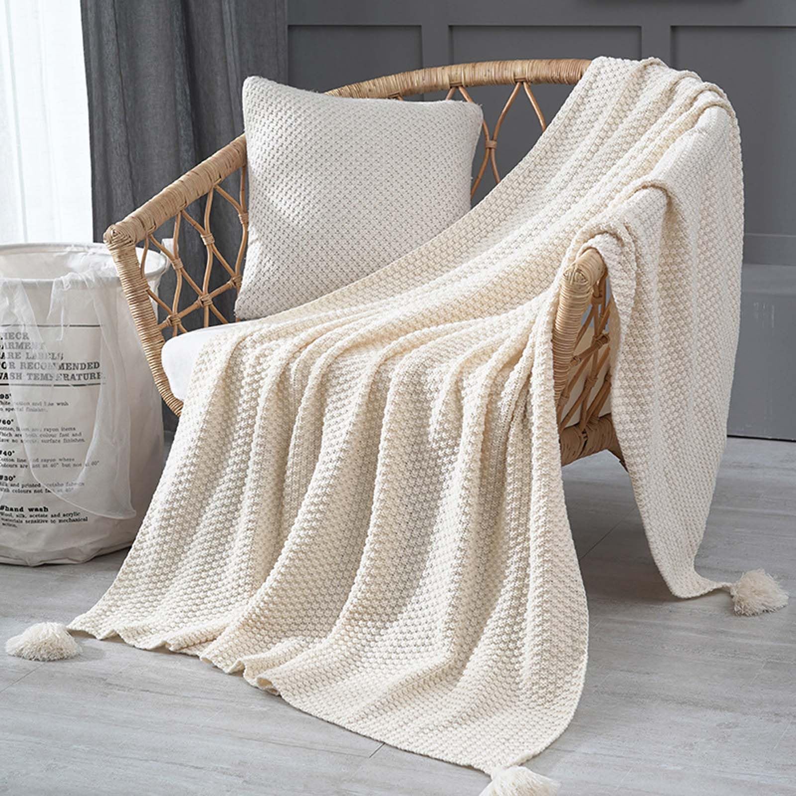 Coperta in maglia a nido d'ape, sciarpa da letto in acrilico, da viaggio, morbida maglia per tutto l'anno, 130 x 230 cm, con nappe decorative con pompon, 8 tonalità di terra solida per