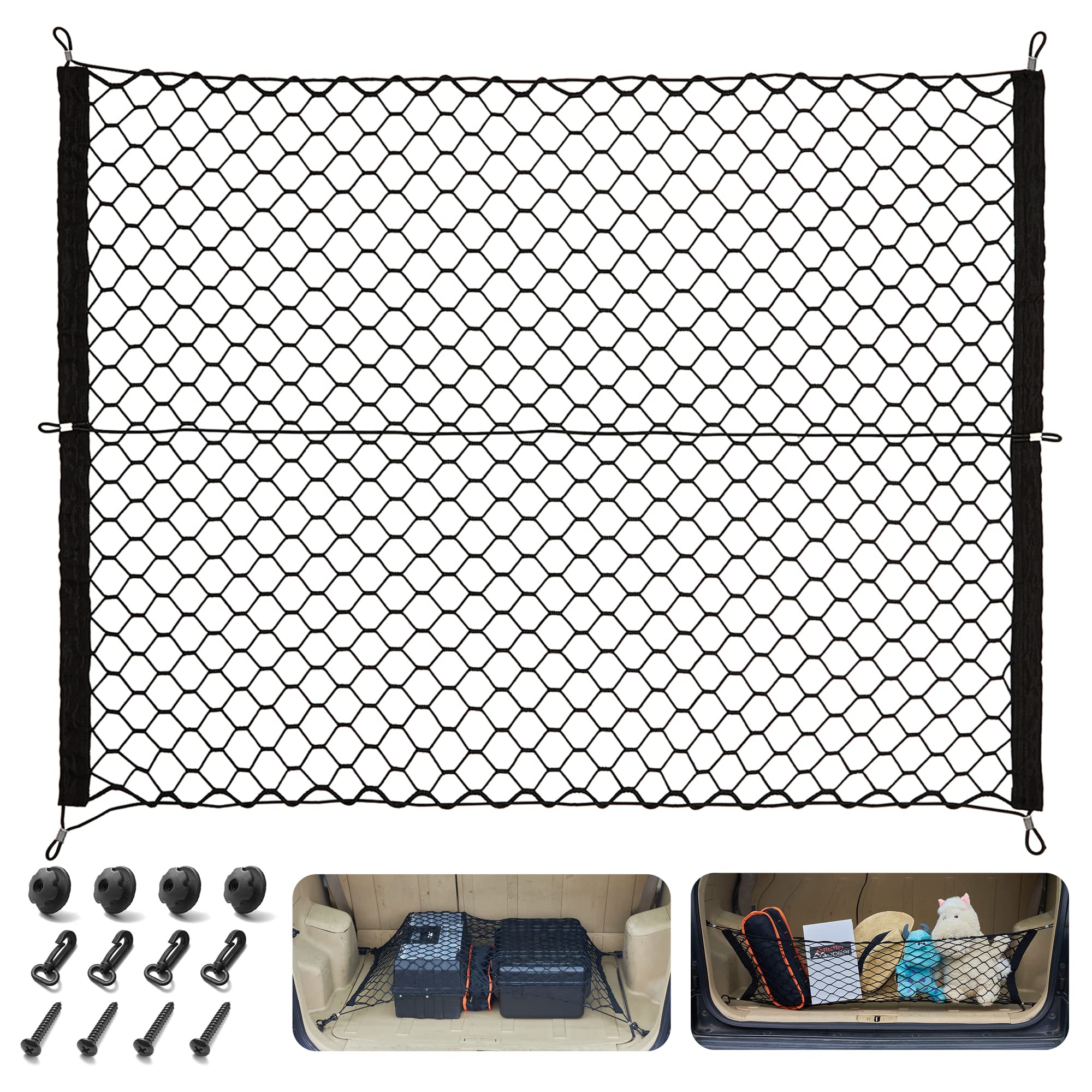 Upgraded 2in1 Heavy Duty Cargo Net Stretchable, 35.43*31.49 Car Interior Accessories, Adjustable Elastic Trunk Storage Net with Hook for SUVs, Cars and Trucks (35.43*31.49)