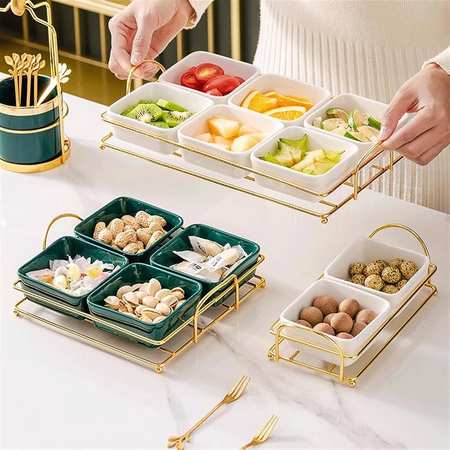 Tapas-Schalen, Keramikschale, Keramikschale mit Metalltablett, abnehmbare Dip-Schalen werden for Vorspeisen, Kartoffelchips, Früchte, Gewürze und Süßigkeiten verwendet. Porzellan-Eisschalen. (Farbe: D