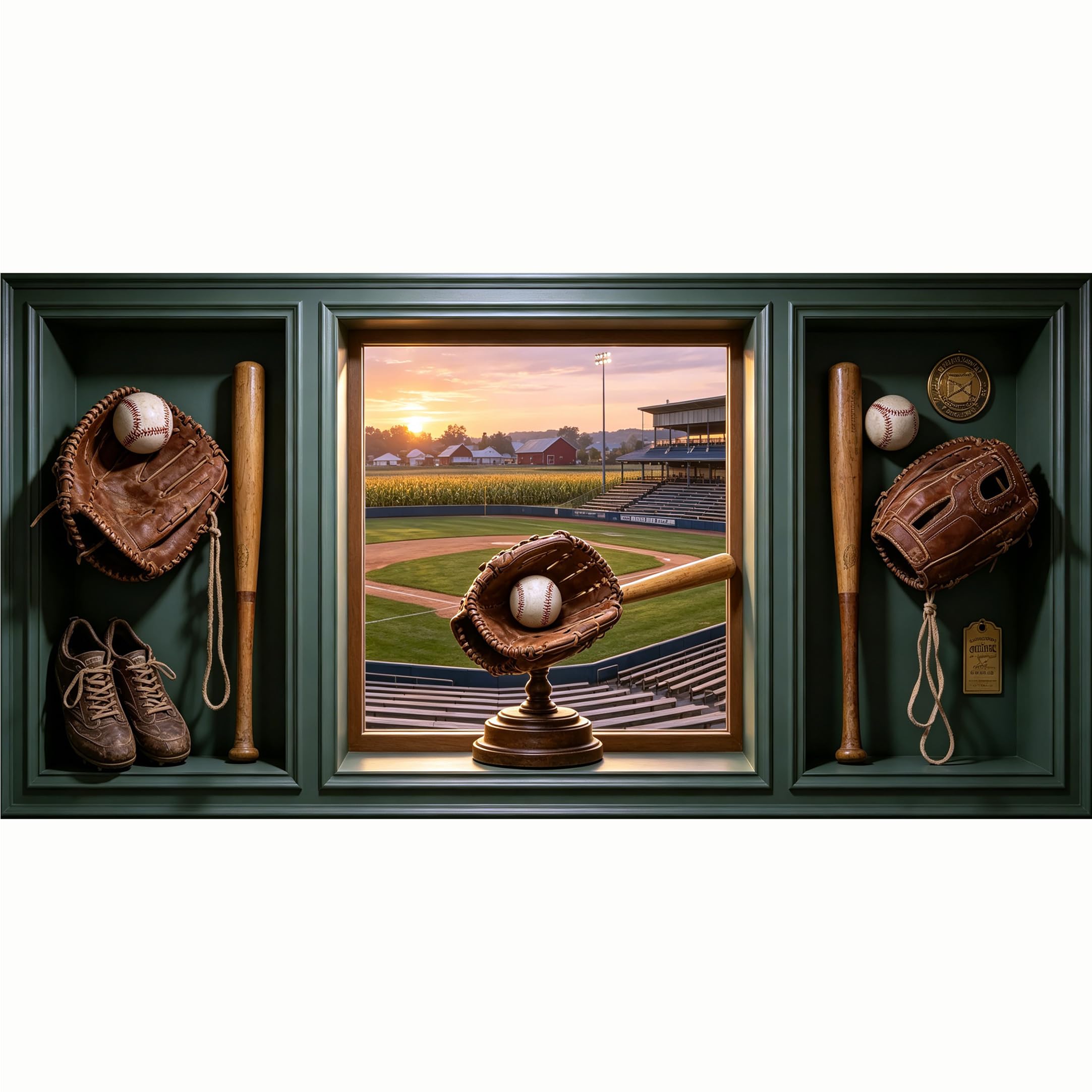 QZLITHOTIC 50x100cm 3D Framed Wall Art， Baseball Stadium Sunset Sports Field Self‑Adhesive Mural， Water‑Activated Peel & Stick Fabric Decor Wall Decal for Bedroom Living Room