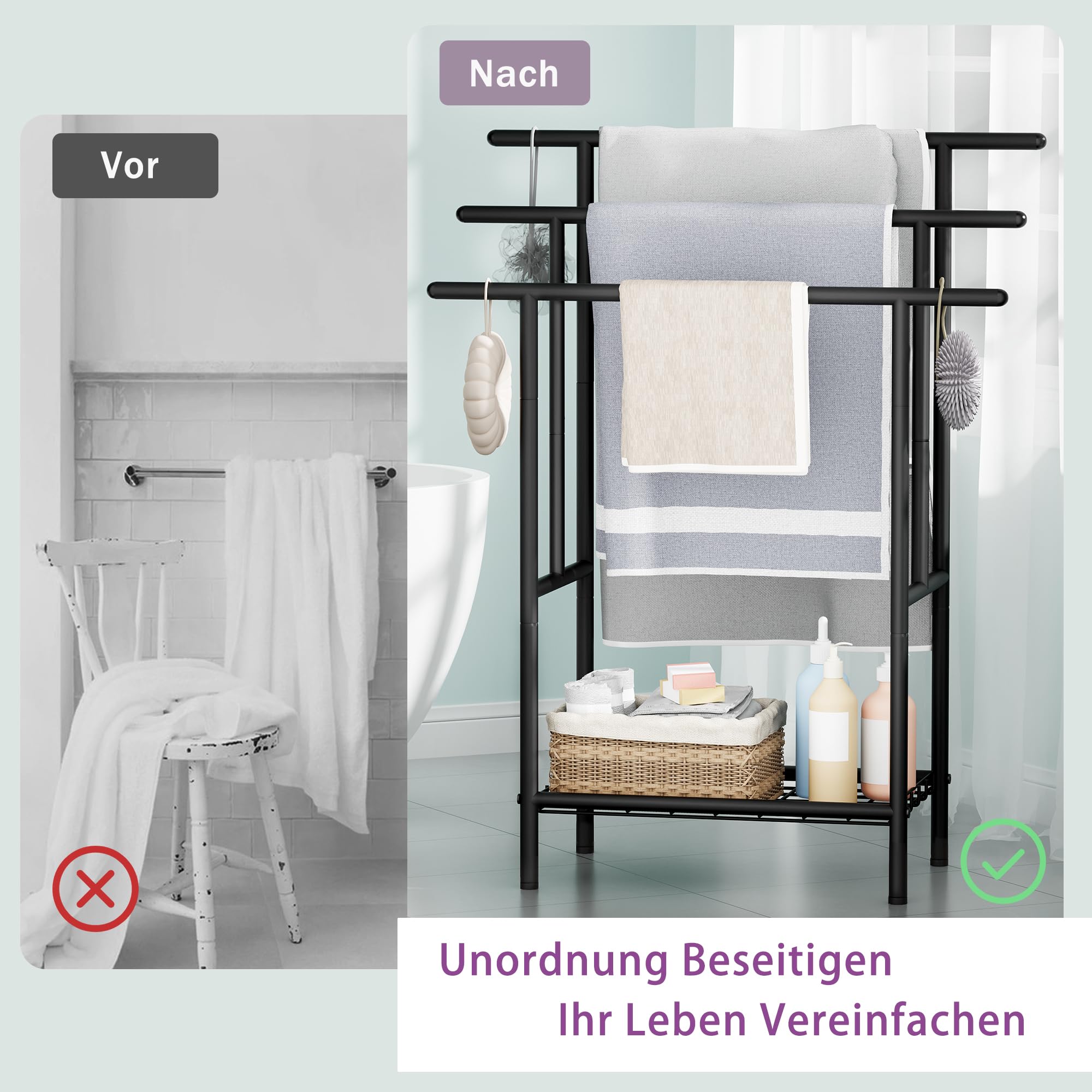 BEWISHOME Handtuchständer,Handtuchhalter stehend mit 3 Handtuchstangen,Handtuchleiter,Badetuchhalter mit Ablagen und verstellbaren Füßen,für Badetücher Handtücher Decken,Schwarz EJMJ02B