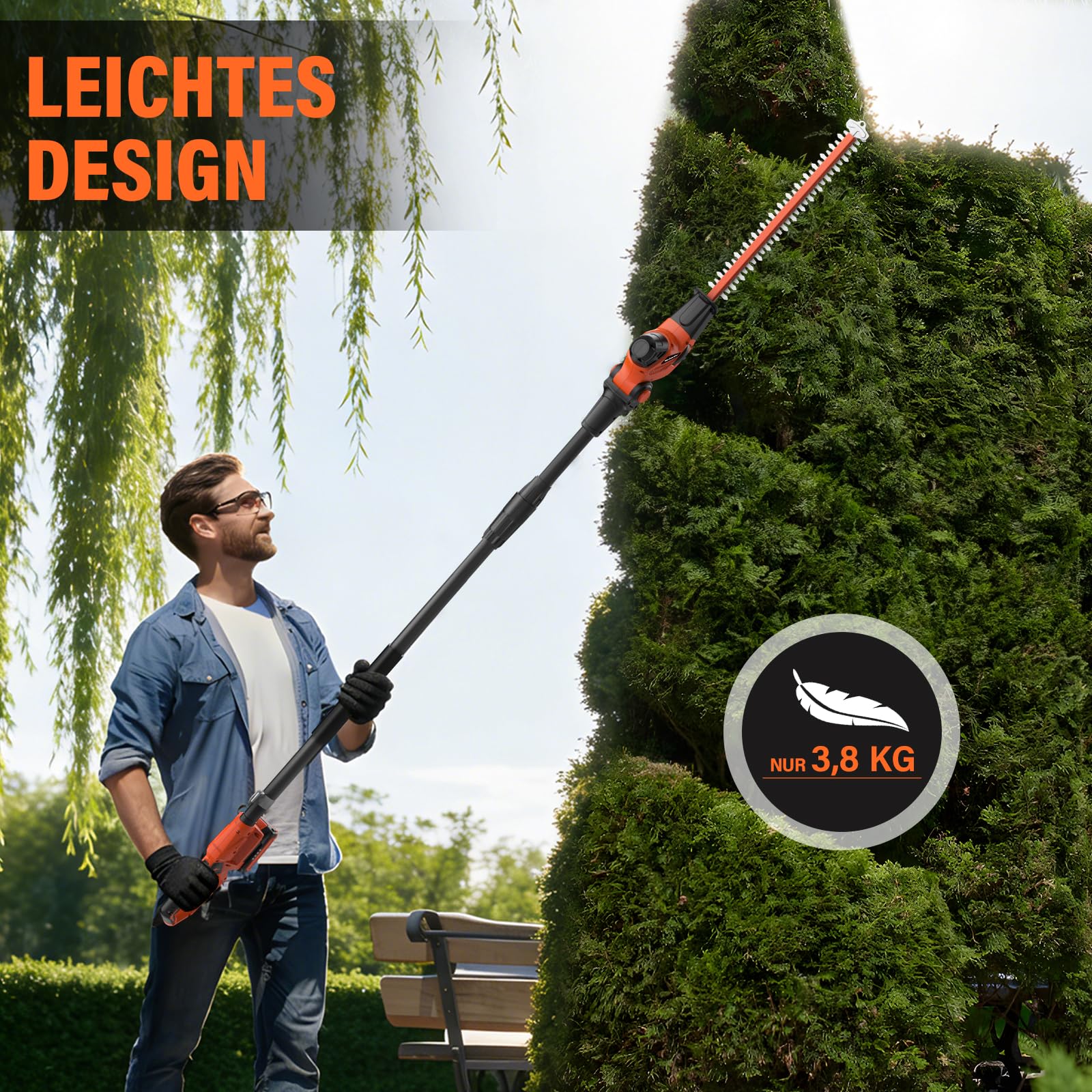 MAXLANDER Akku Heckenschere 45 cm Stabheckenschere | 4,5 m maximale Reichweite mit Verlängerungsstange, in Mehreren Winkeln verstellbar mit Akku und Ladegerät