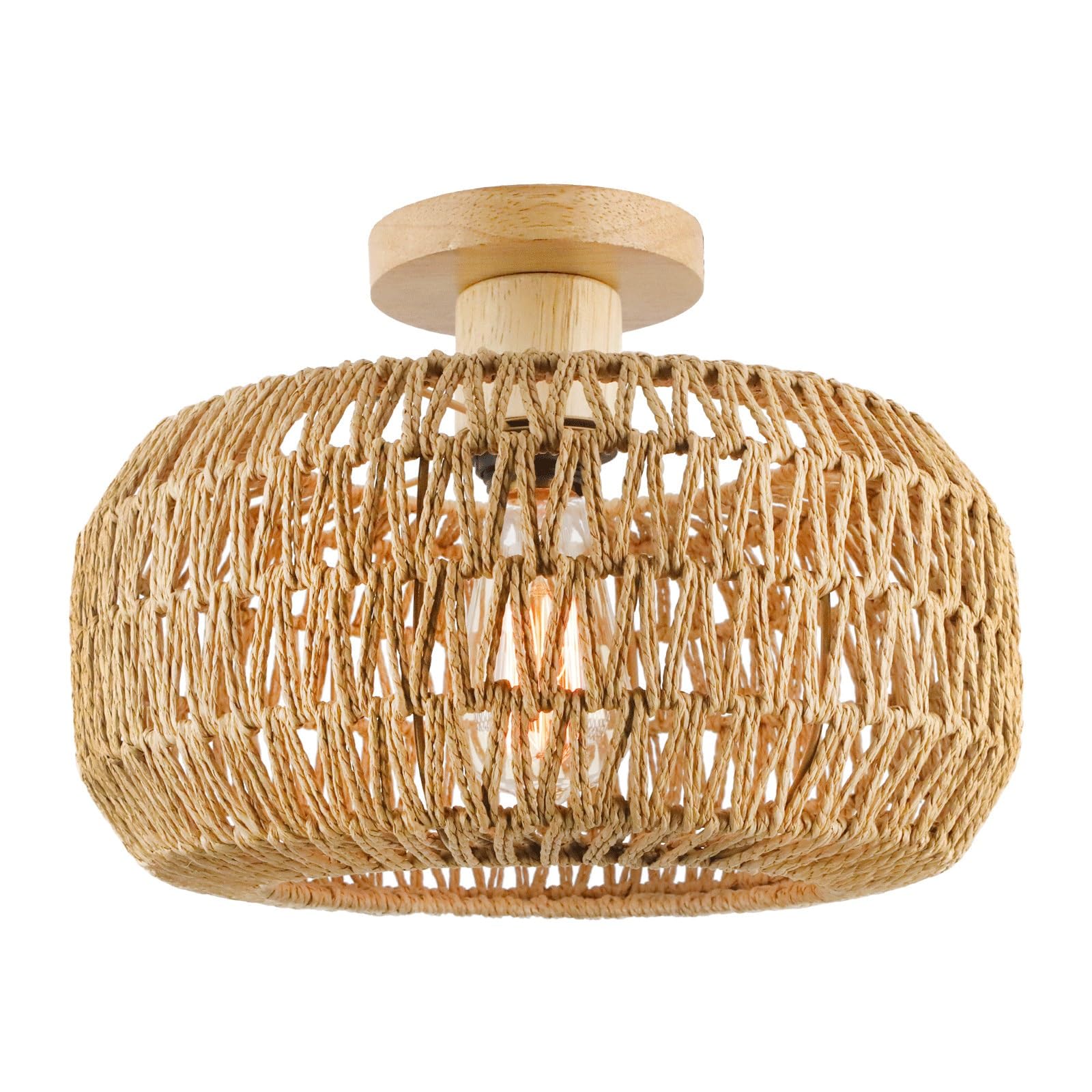 Plafonnier rustique en corde naturelle de 13 pouces avec base en bois noble