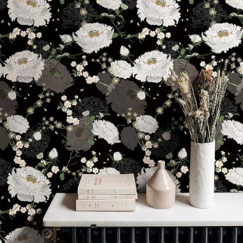 Papel tapiz autoadhesivo para despegar y pegar, papel tapiz de peonía vintage, 17.7 pulgadas x 9.8 pies, papel adhesivo blanco y negro autoadhesivo