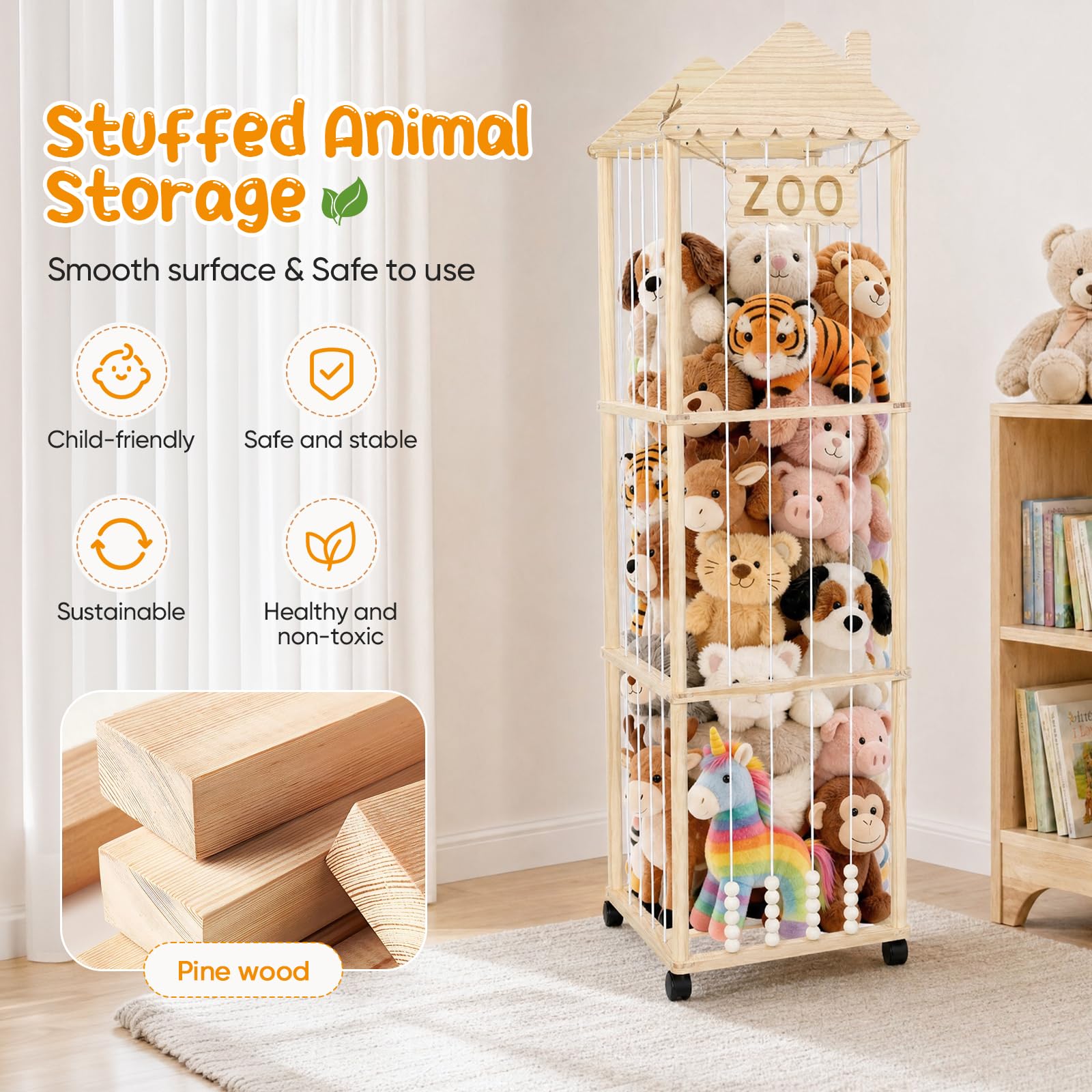 Organizador Peluches,Caja de Almacenamiento para Peluches con Reudas a 360°y Frenos,151x46x46CM Portaositos de Peluche para Habitaciones de Bebés, Dormitorios y Habitaciones Infant (Chimenea)