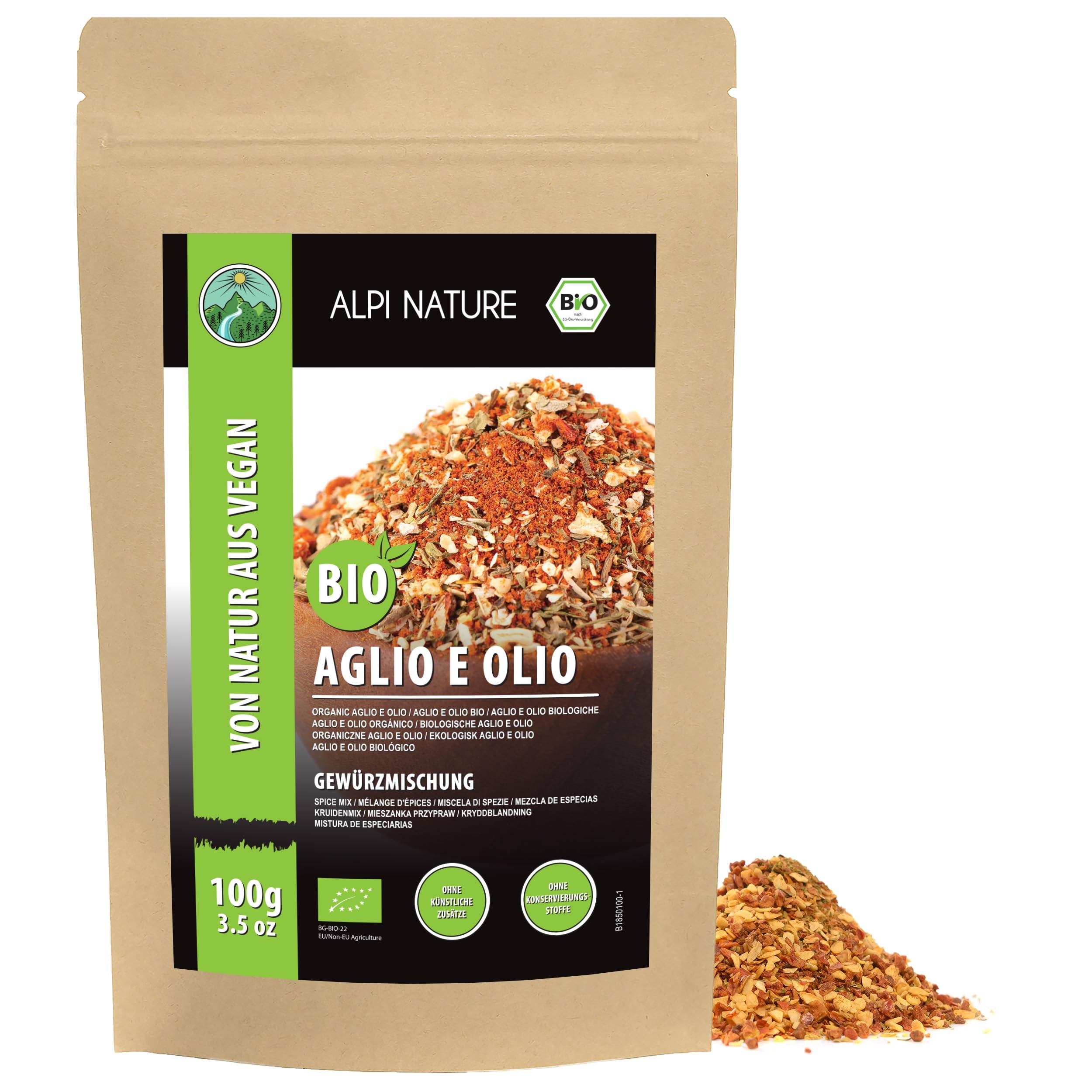 Alpi Nature Ekologiczna Przyprawa Aglio e Olio 100g, Włoska Przyprawa, Ostra Mieszanka Przypraw