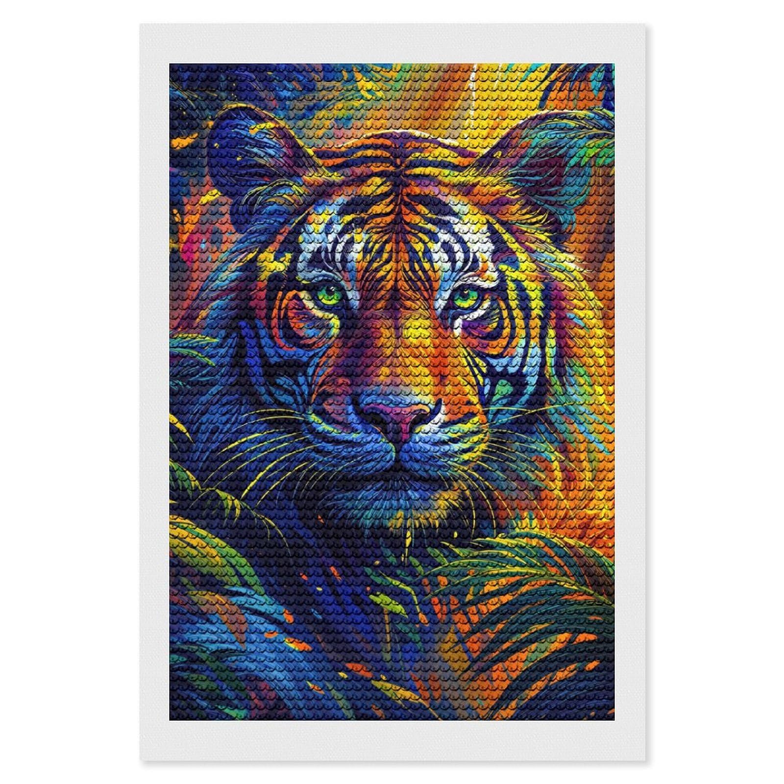Junmoney Colorful Tiger Portrait in Jungle Round Drill Diamond Painting 8"x12", for Craft Lovers, Stress Relief Craft, Bedroom Decor, Festive Craft Gift