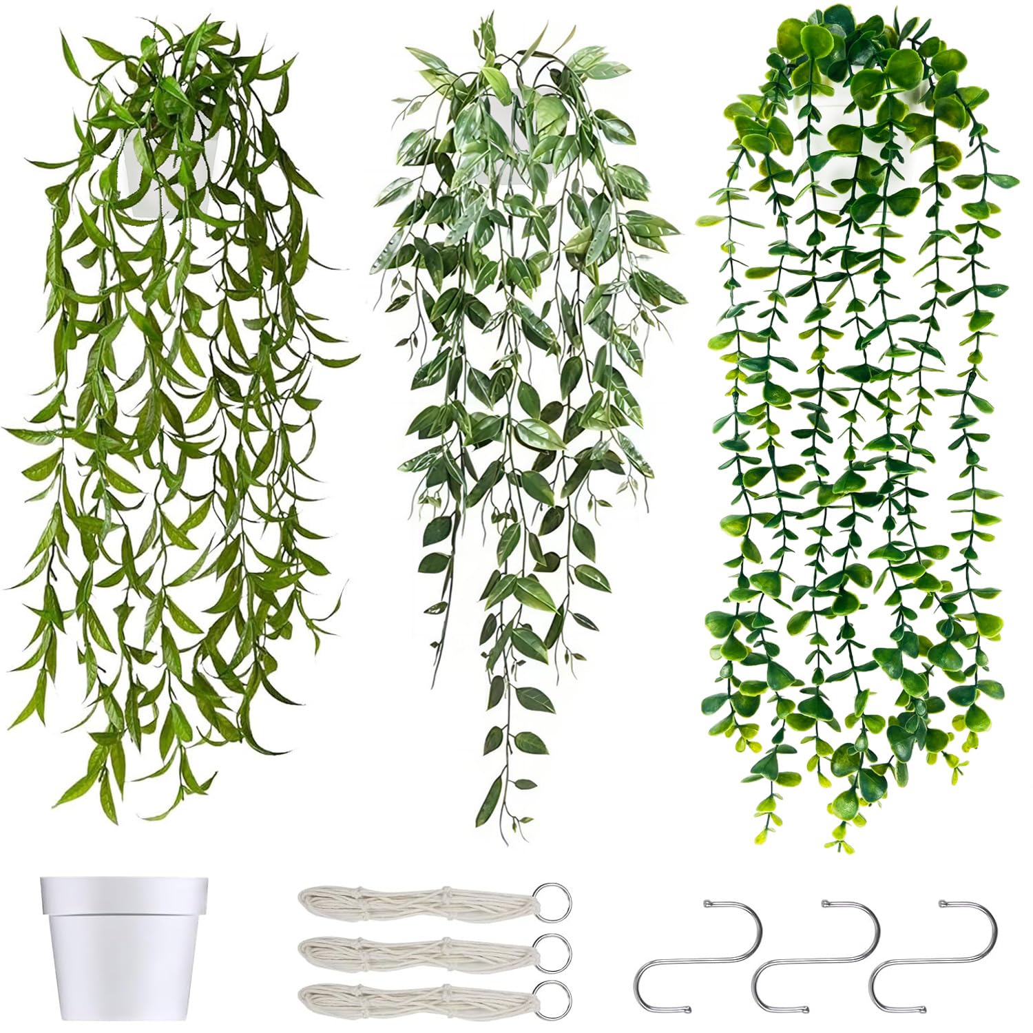 Yhuasia 3 Pièces Plante Artificielle Tombante Blanc Fleurs, Artificielles Retombantes Plantes de Vigne, Artificielles Deco Fausse Plante Tombante, pour Jardin Décoration Murale, Salon (Vert Blanc