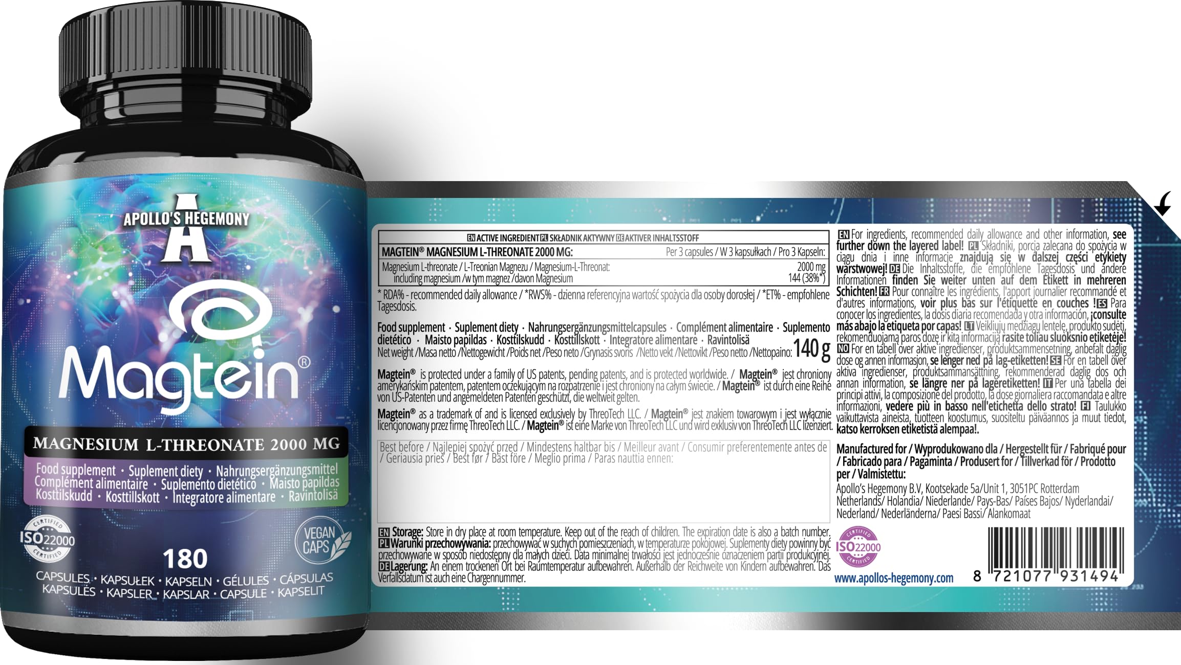 Magtein® Magnesio L-Treonato 144 mg per dose giornaliera - 180 capsule vegane - fornitura per 60 giorni - per il supporto delle funzioni cognitive - da Apollo's Hegemony