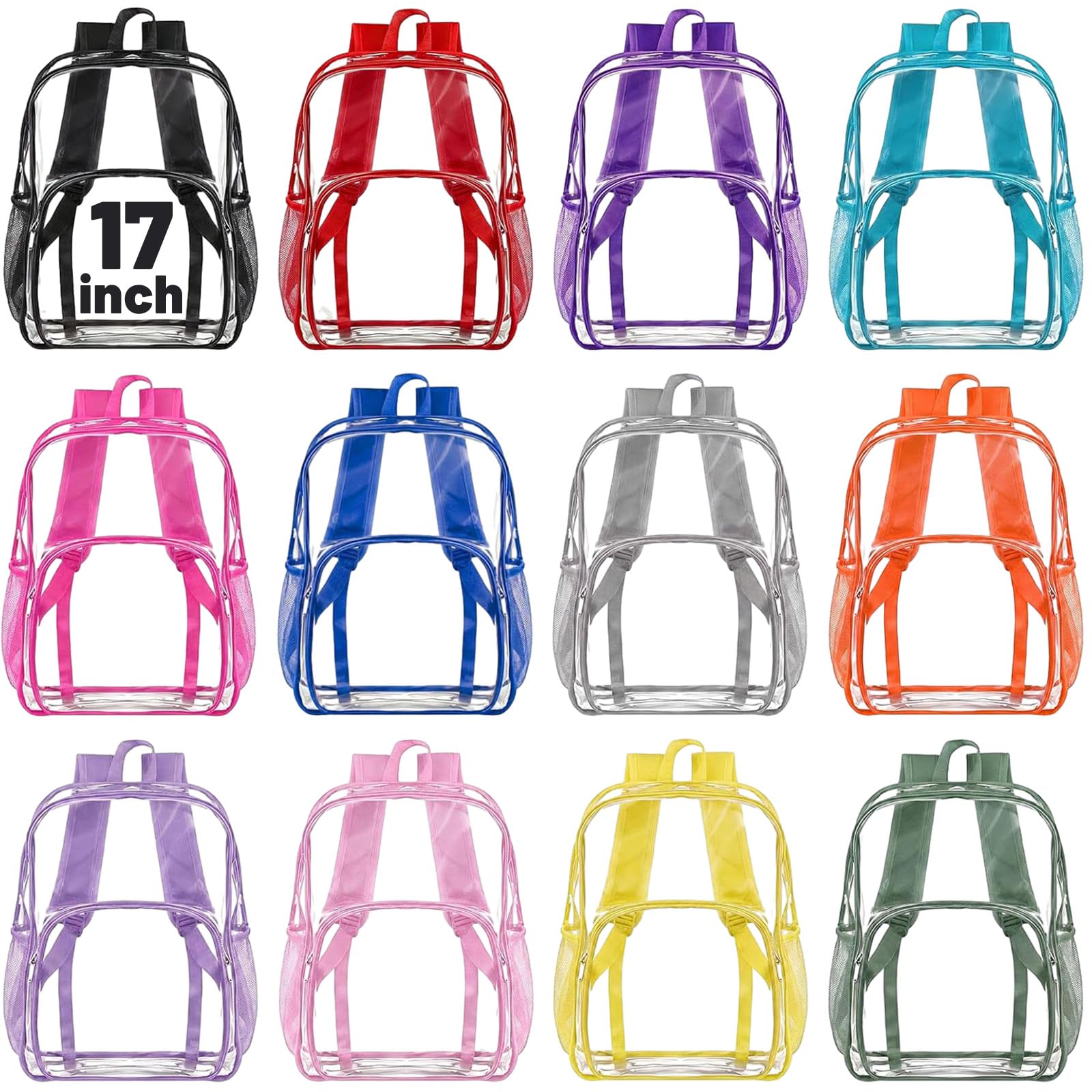 Amylove 12 Pcs Clear Backpack bulk for Stadium Events Heavy Duty PVC Transparent Bookbag for College Workplace Security (17 Inches,12 Colors)